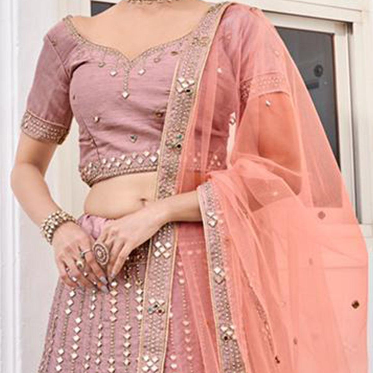 Adorable Rose Pink Wedding Wear Zari Embroidery Heavy Silk Lehenga Choli - Peachmode
