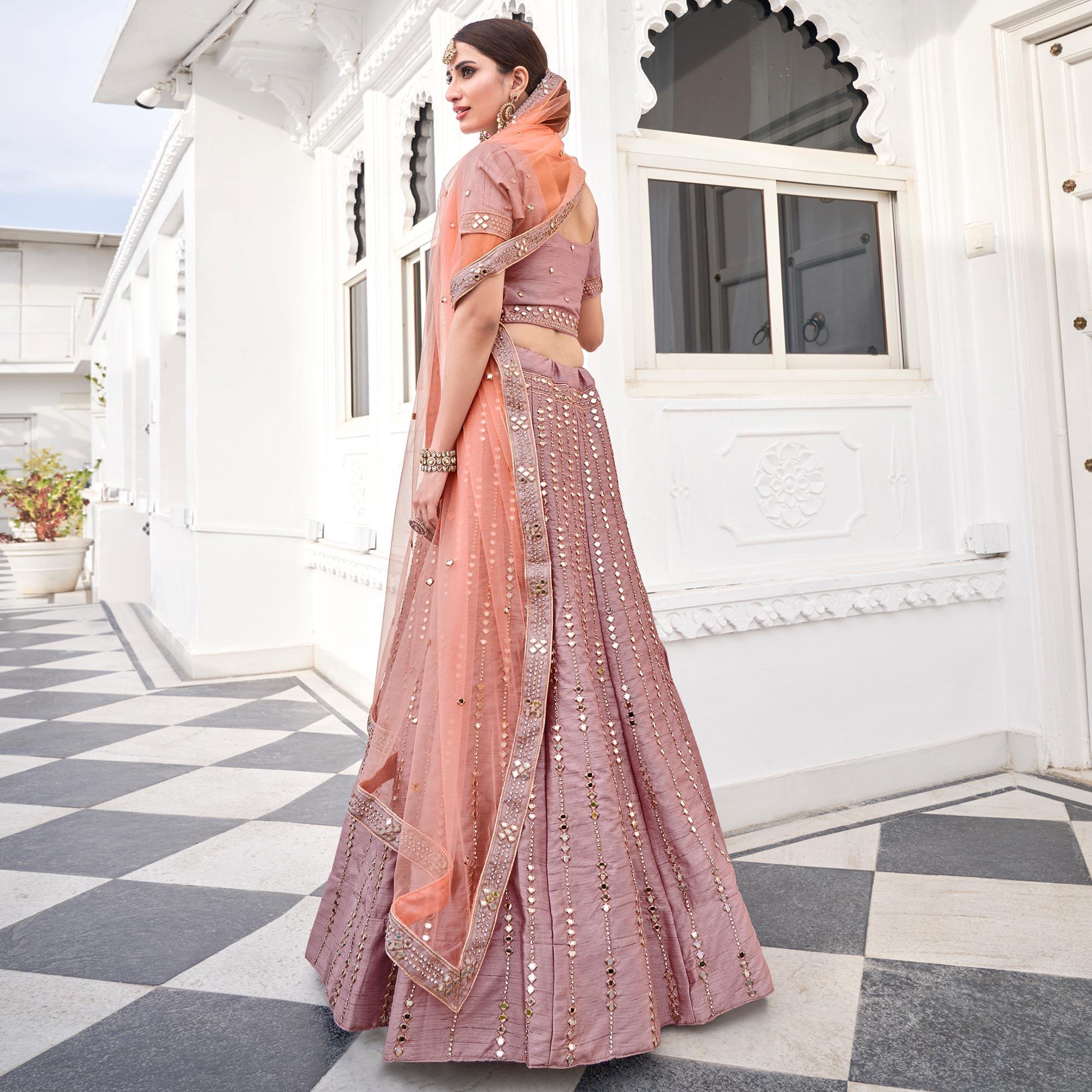 Adorable Rose Pink Wedding Wear Zari Embroidery Heavy Silk Lehenga Choli - Peachmode