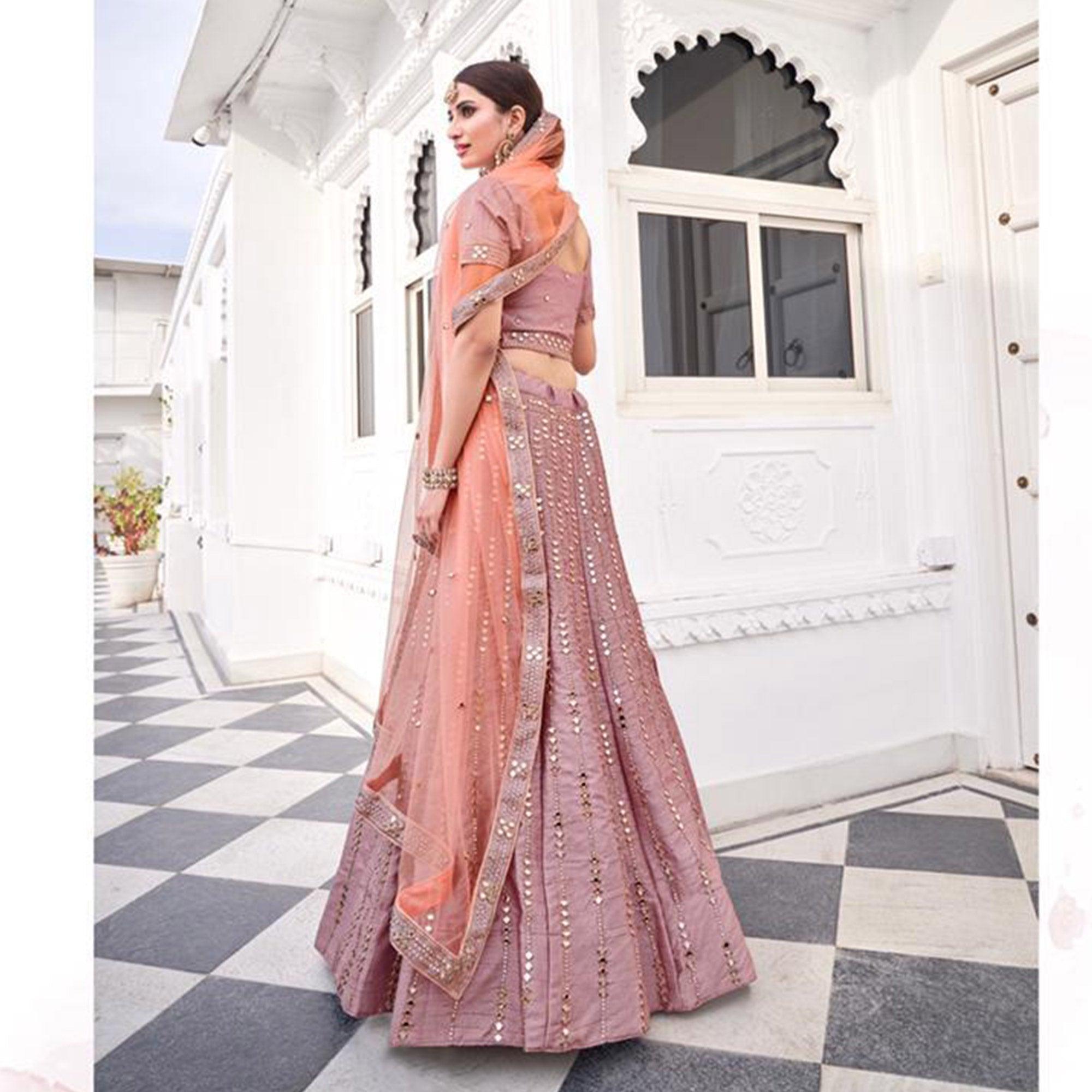 Adorable Rose Pink Wedding Wear Zari Embroidery Heavy Silk Lehenga Choli - Peachmode