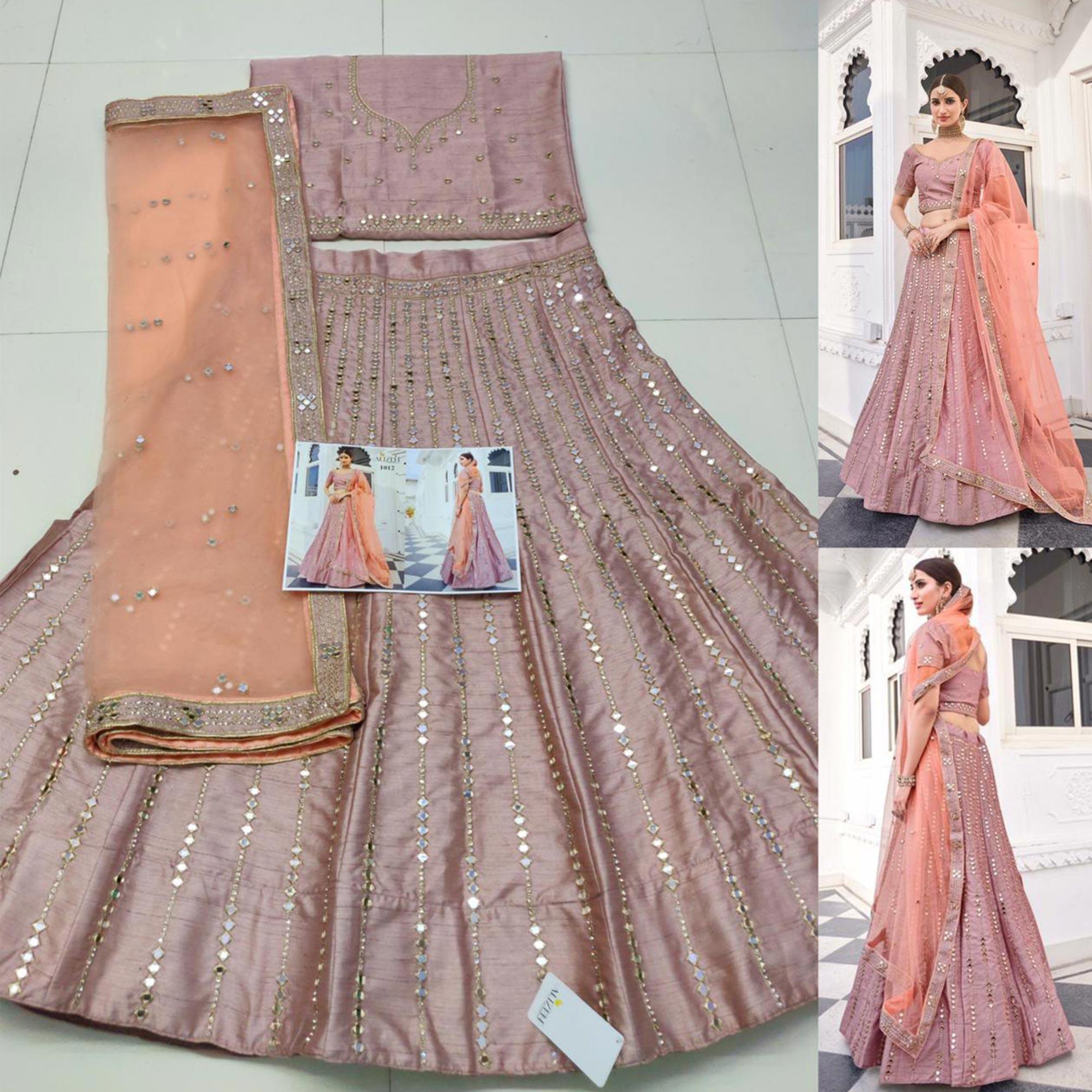 Adorable Rose Pink Wedding Wear Zari Embroidery Heavy Silk Lehenga Choli - Peachmode