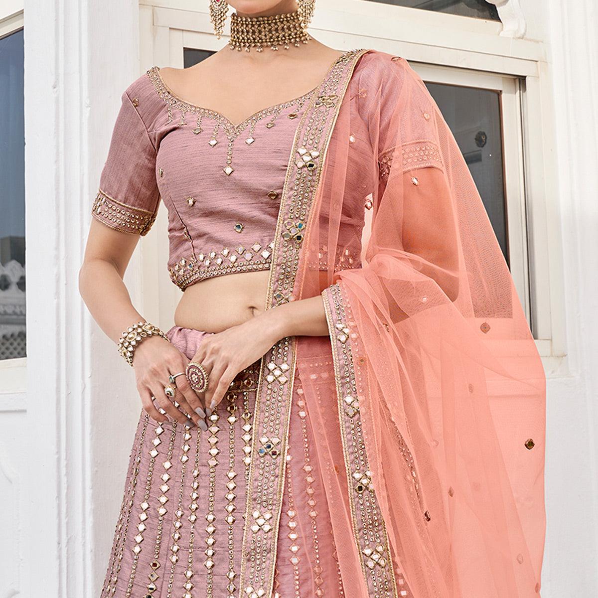 Adorable Rose Pink Wedding Wear Zari Embroidery Heavy Silk Lehenga Choli - Peachmode