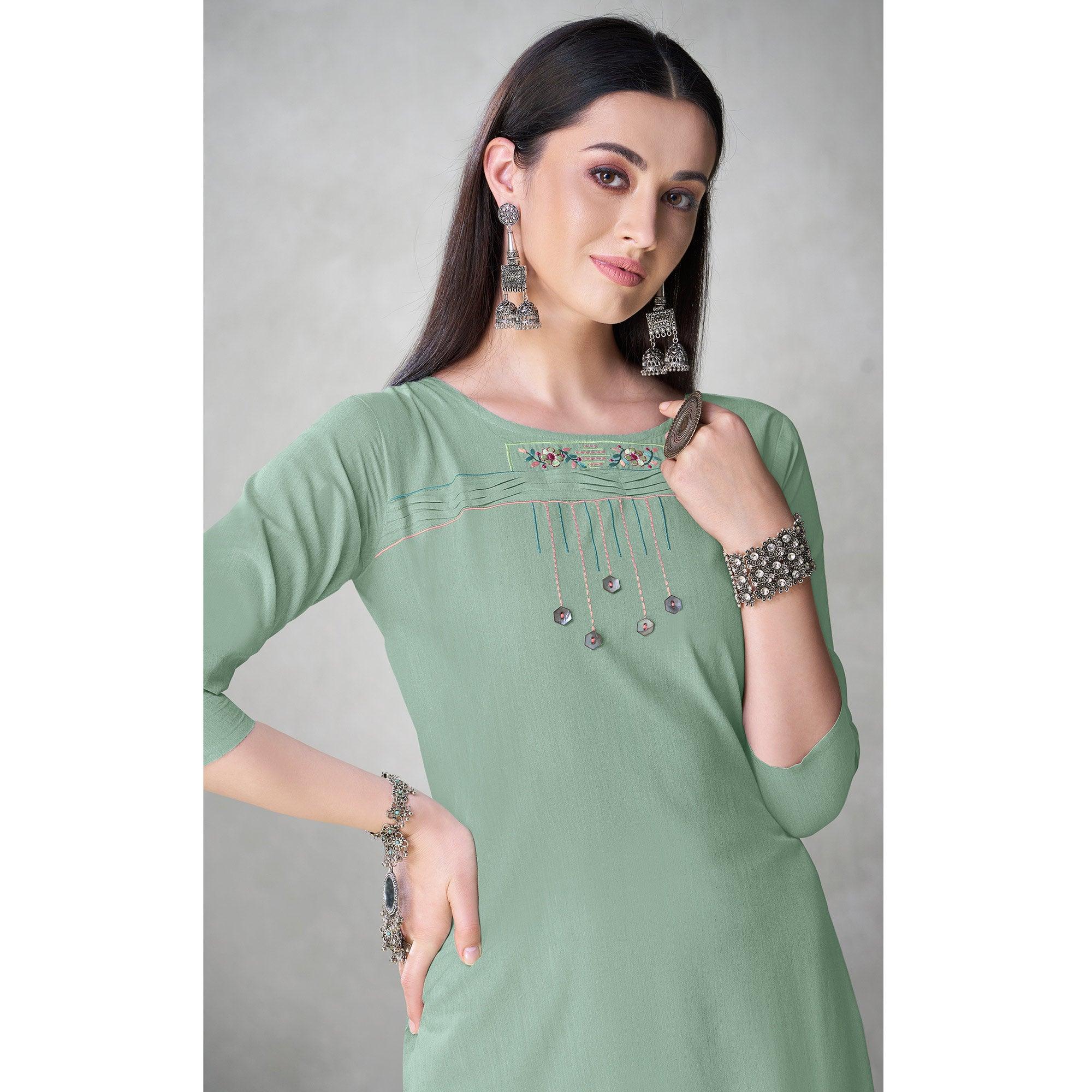 Adorable Sea Green Colored Partywear Embroidered Viscose Kurti - Peachmode
