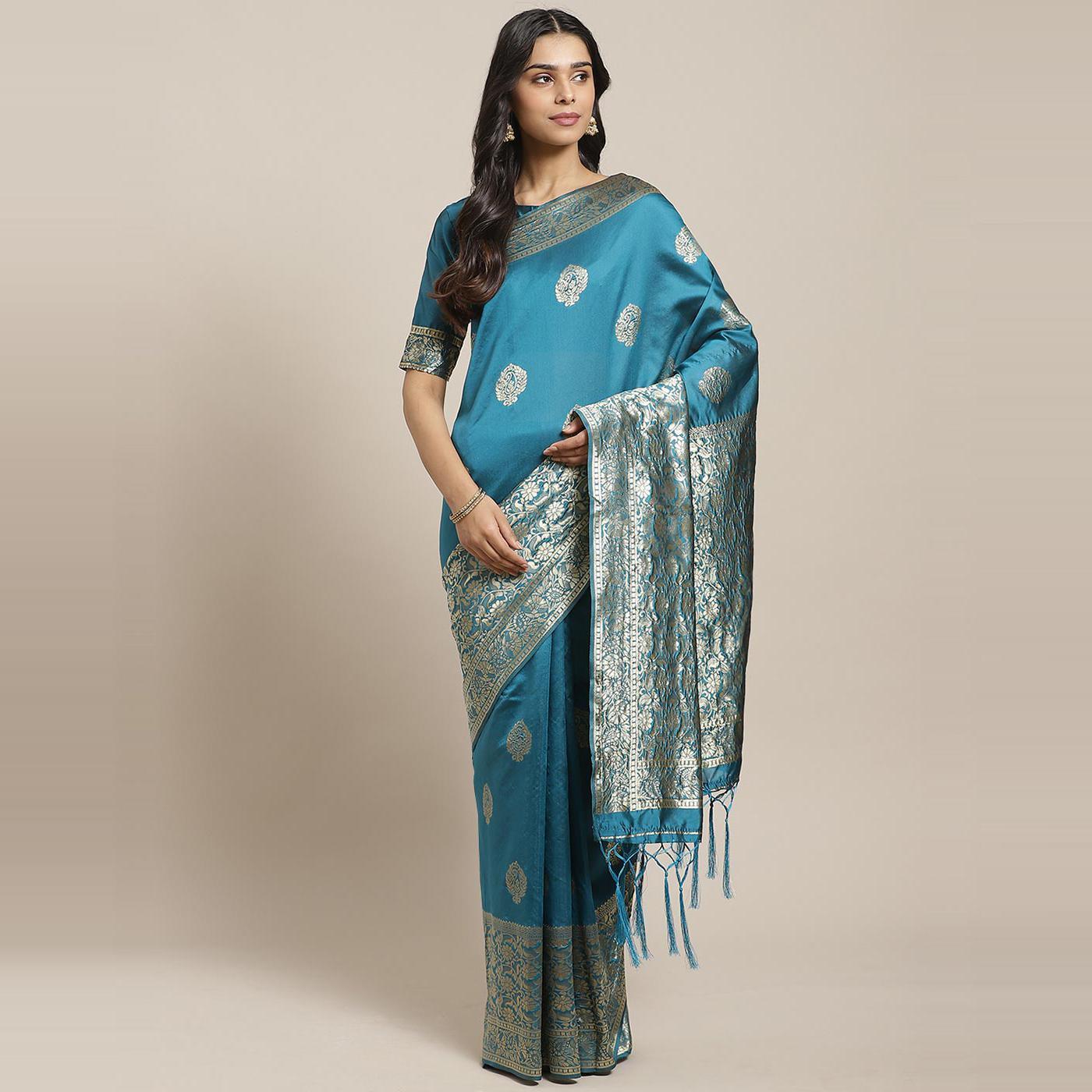 Adorable Teal Blue Colored Festive Wear Woven Silk Blend Saree - Peachmode