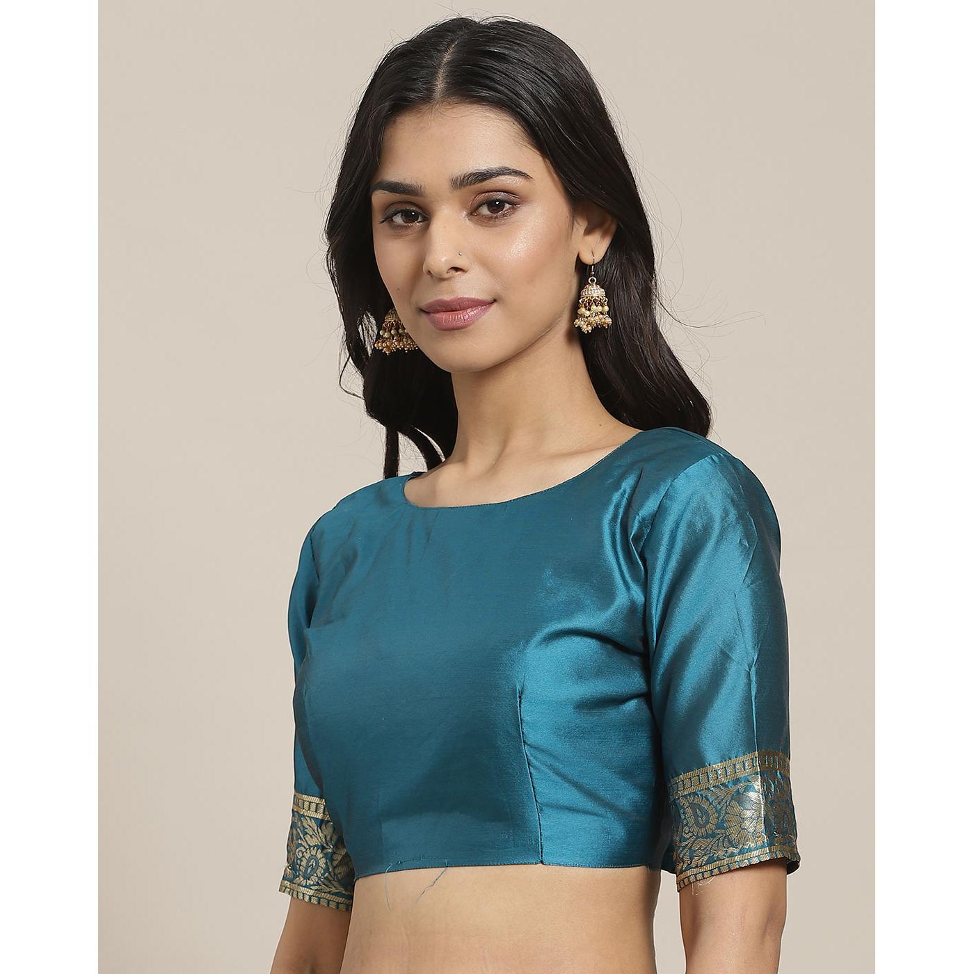 Adorable Teal Blue Colored Festive Wear Woven Silk Blend Saree - Peachmode