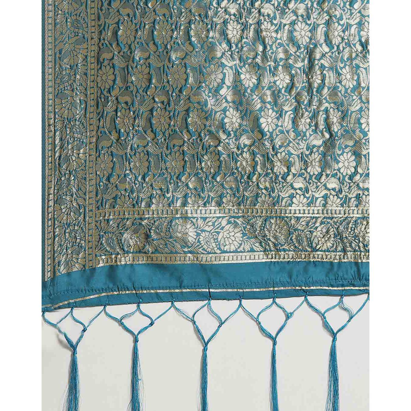 Adorable Teal Blue Colored Festive Wear Woven Silk Blend Saree - Peachmode