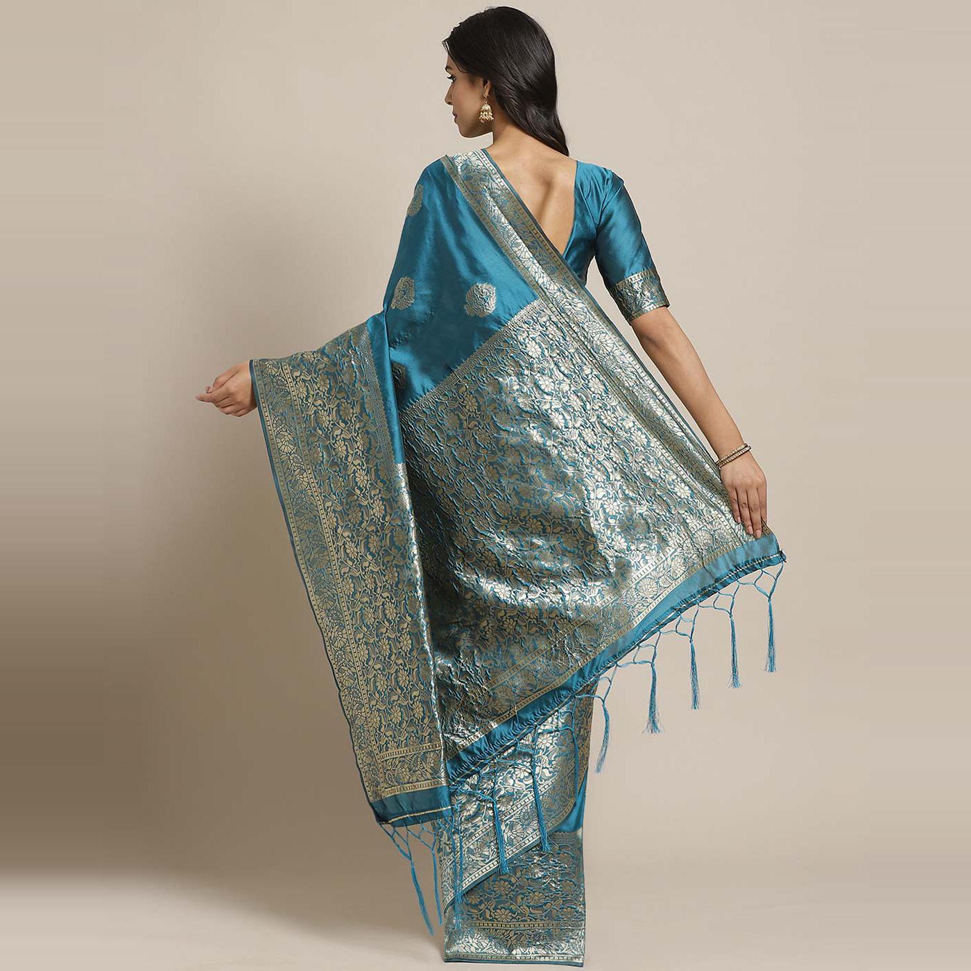 Adorable Teal Blue Colored Festive Wear Woven Silk Blend Saree - Peachmode