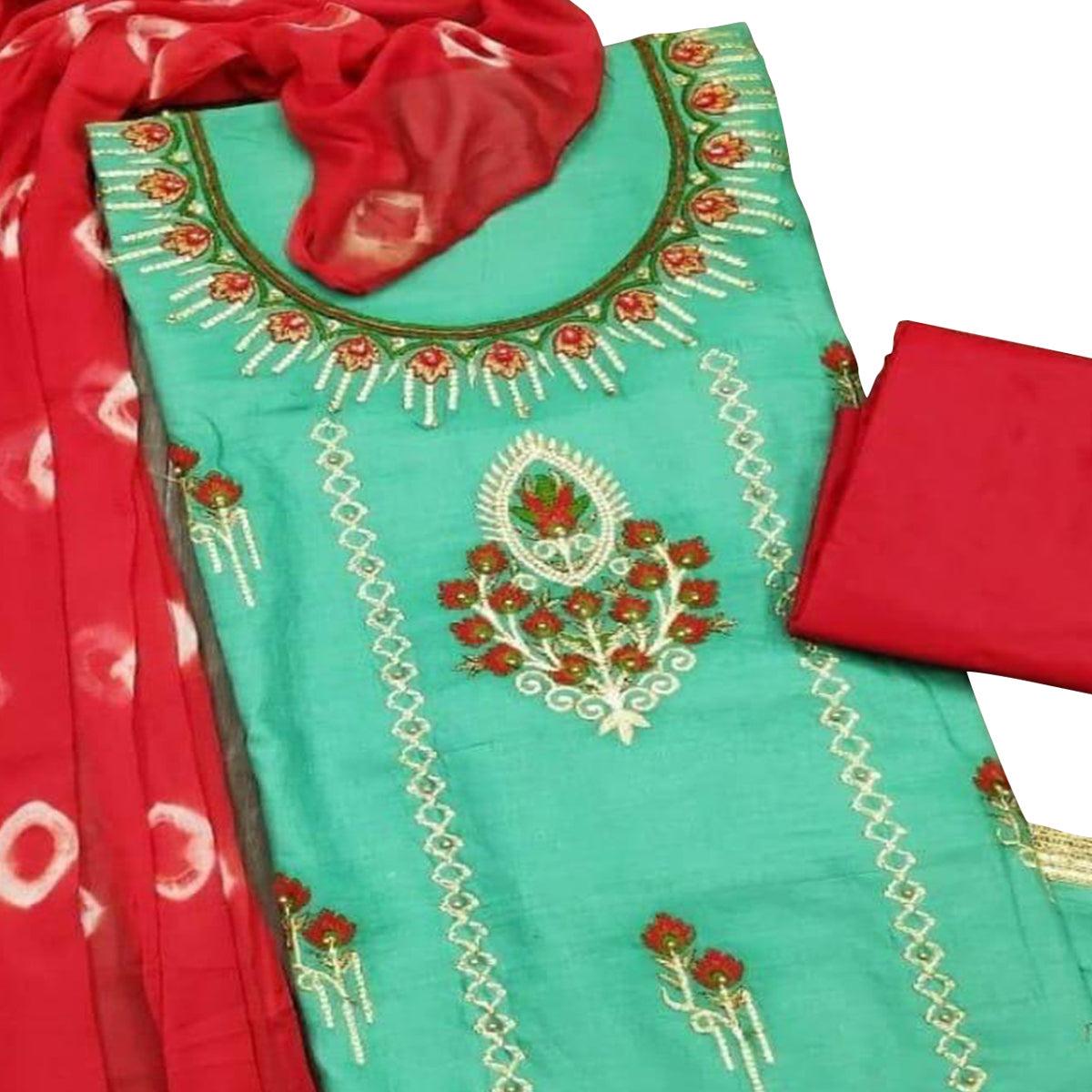 Adorable Turquoise Blue Colored Partywear Embroidered Modal Chanderi Dress Material - Peachmode