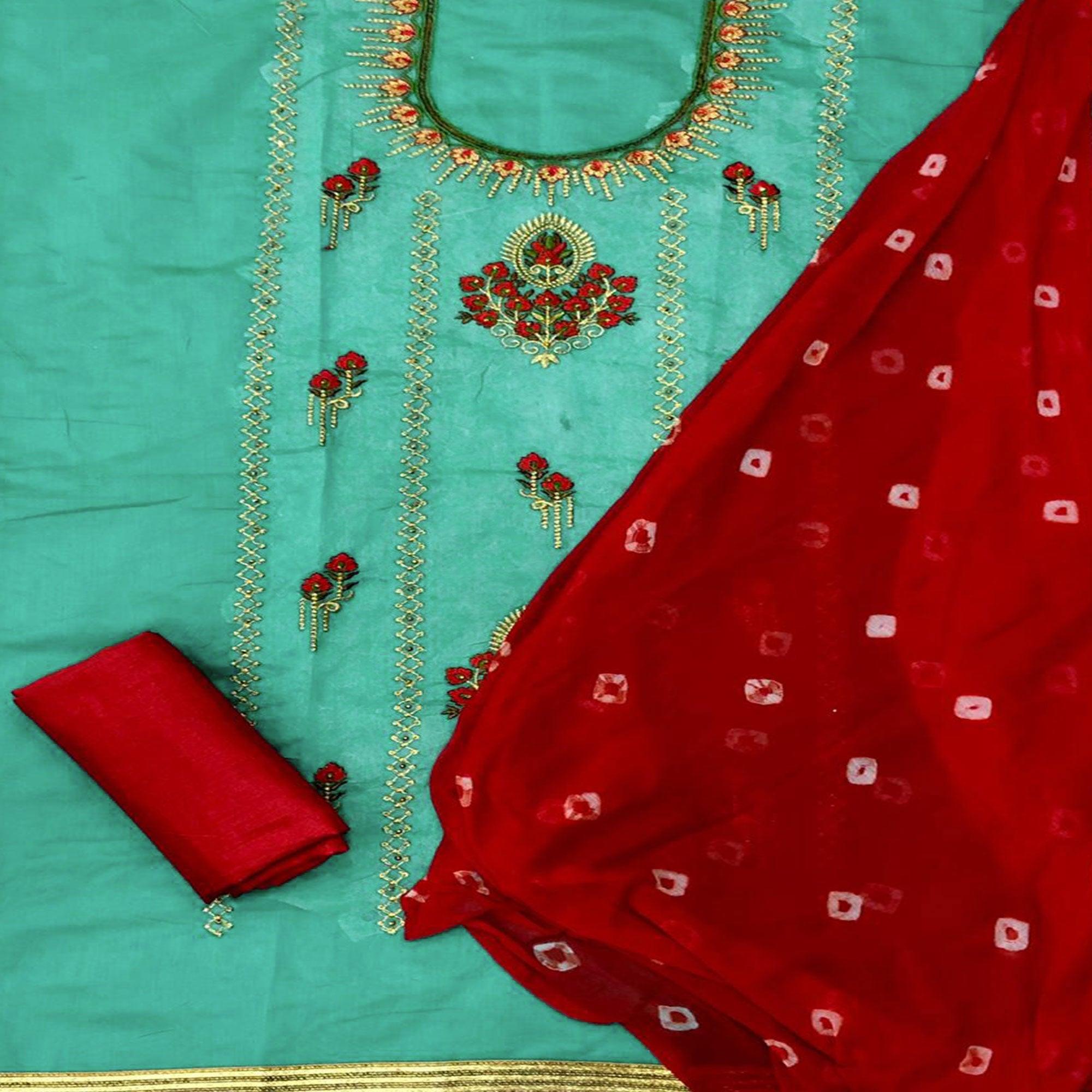 Adorable Turquoise Blue Colored Partywear Embroidered Modal Chanderi Dress Material - Peachmode