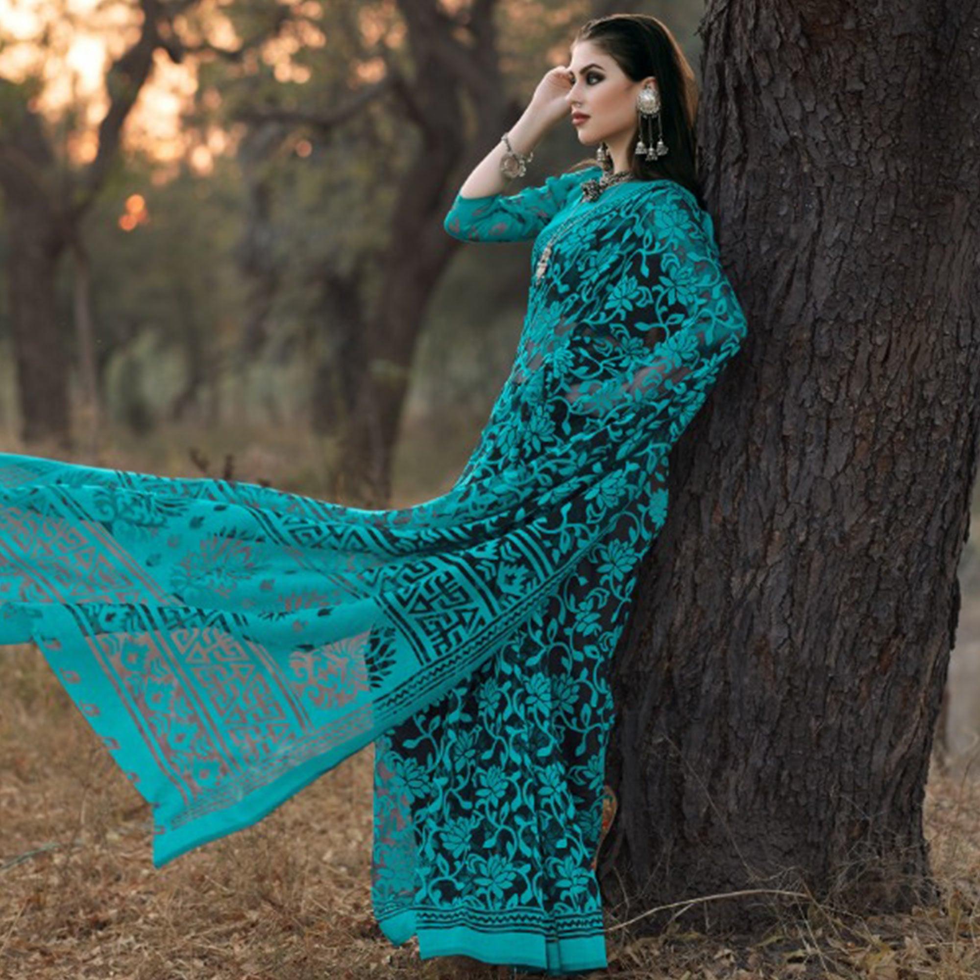 Adorable Turquoise Colored Casual Wear Printed Brasso Saree - Peachmode