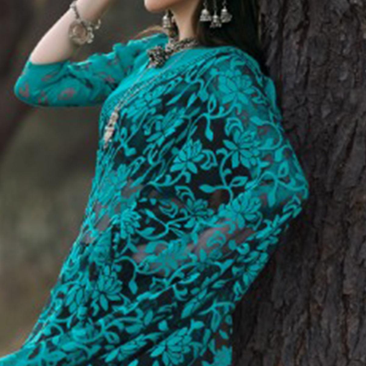 Adorable Turquoise Colored Casual Wear Printed Brasso Saree - Peachmode