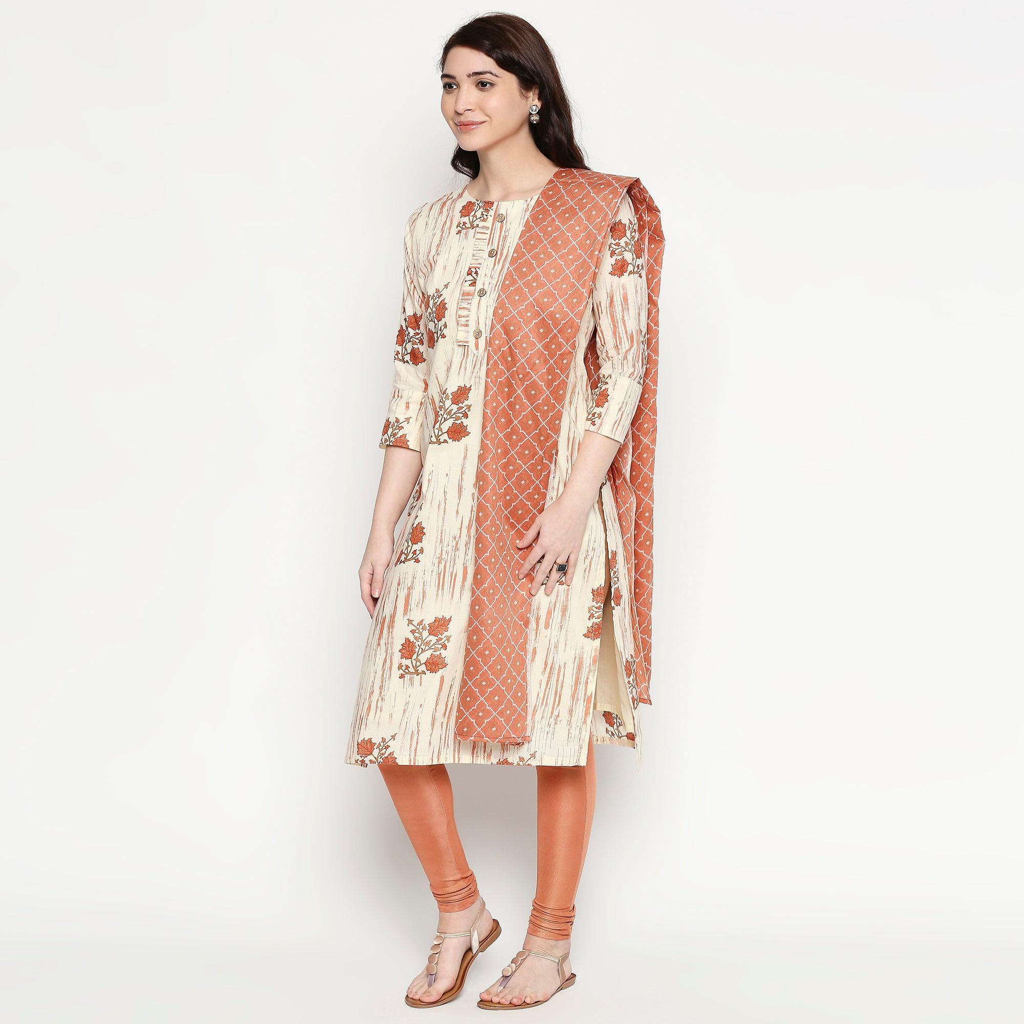 Adorable White-Mauve Colored Casual Wear Floral Printed Cotton Kurti With Dupatta - Peachmode