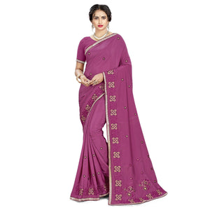 Adorable Wine Colored Casual Wear Embroidered Crepe Saree - Peachmode