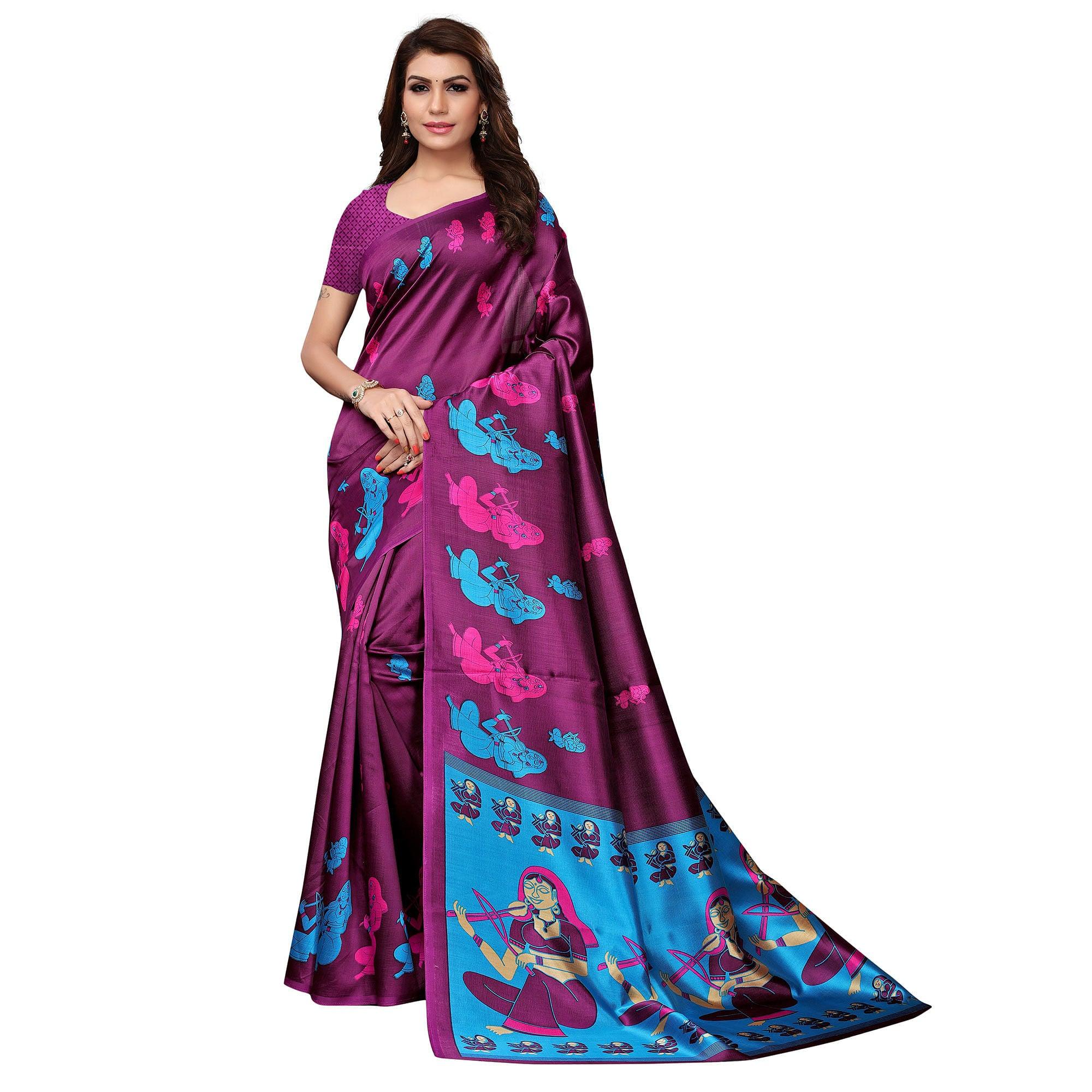 Adorable Wine Colored Festive Wear Printed Art Silk Saree - Peachmode