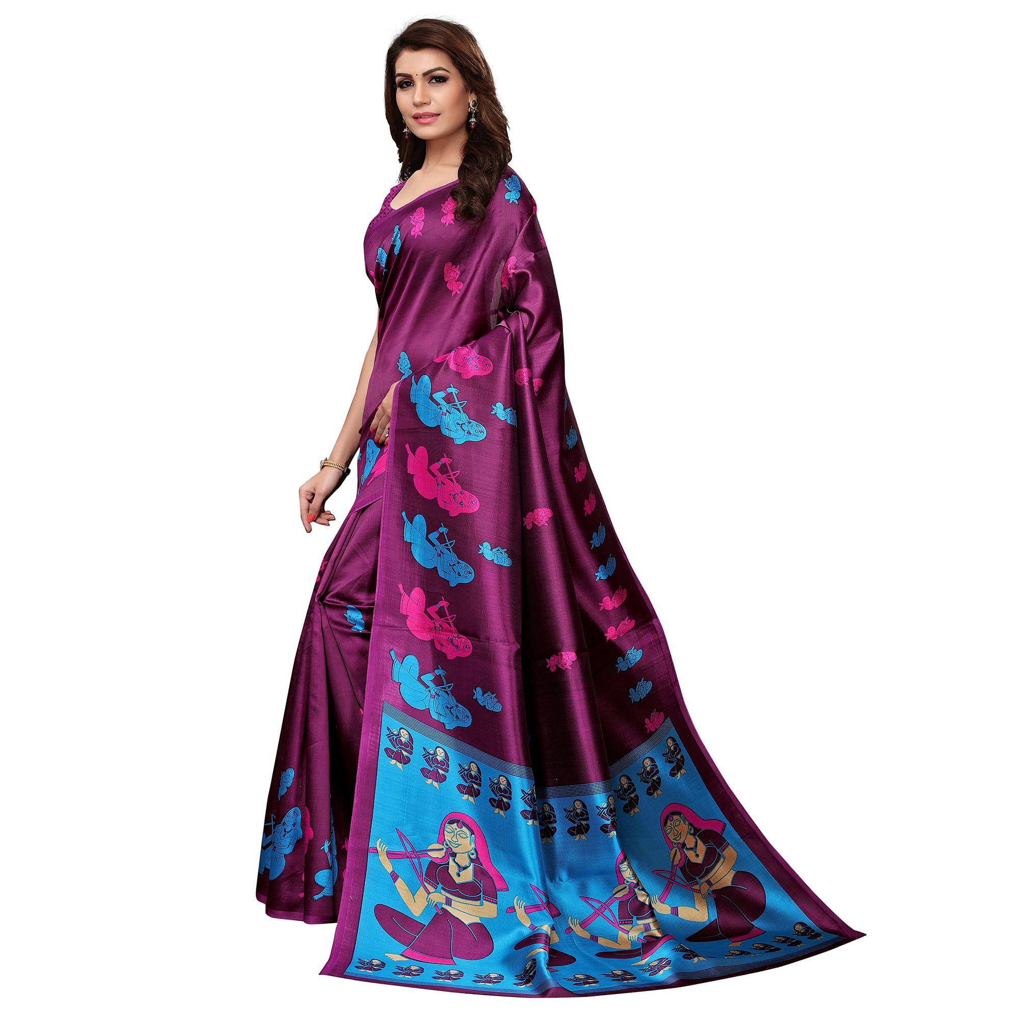 Adorable Wine Colored Festive Wear Printed Art Silk Saree - Peachmode