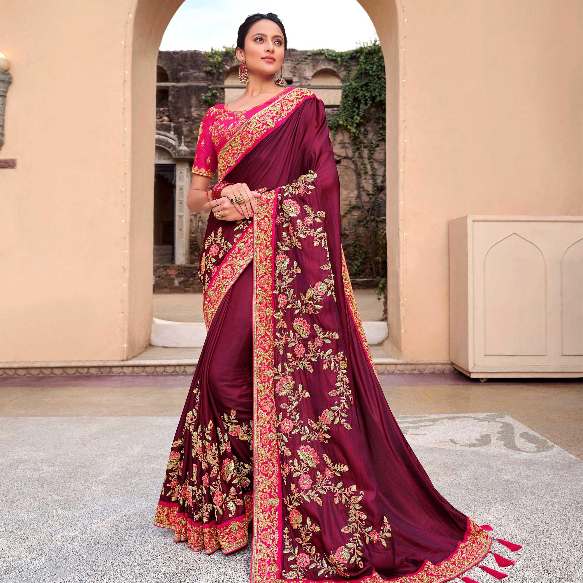 Adorable Wine Colored Partywear Embroidered Satin - Gerogette Saree - Peachmode