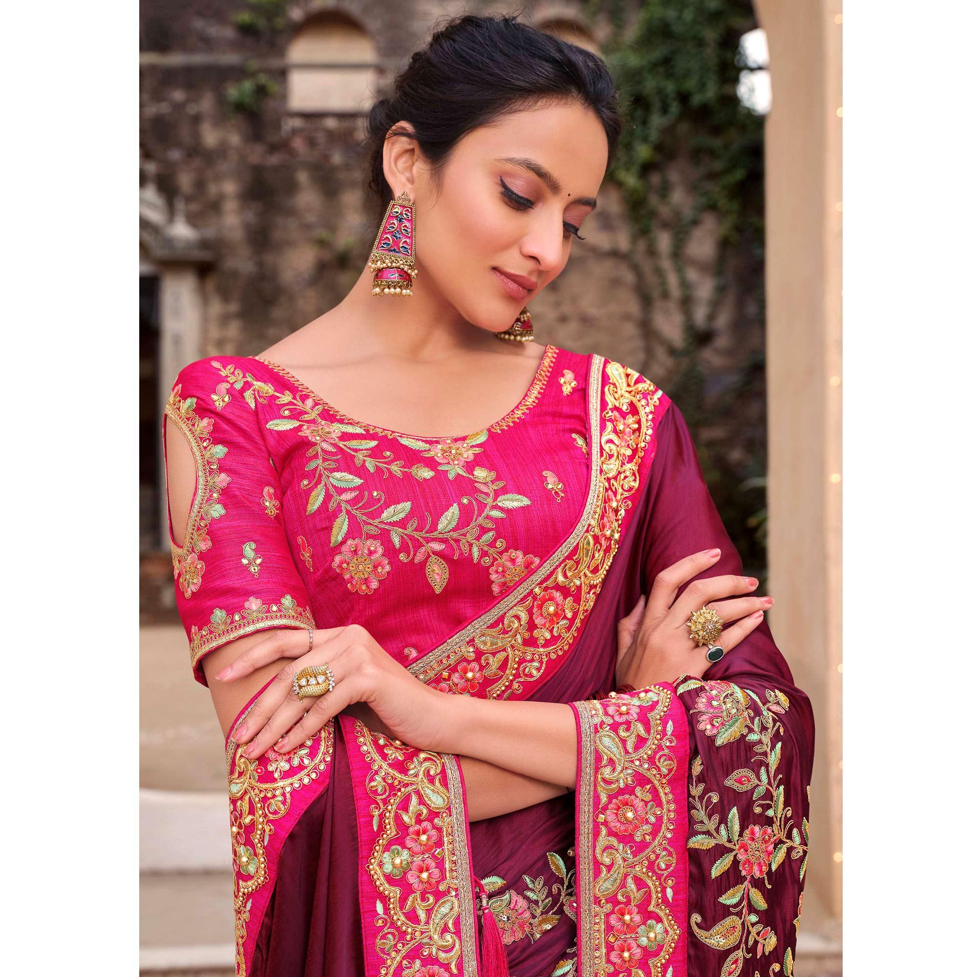 Adorable Wine Colored Partywear Embroidered Satin - Gerogette Saree - Peachmode