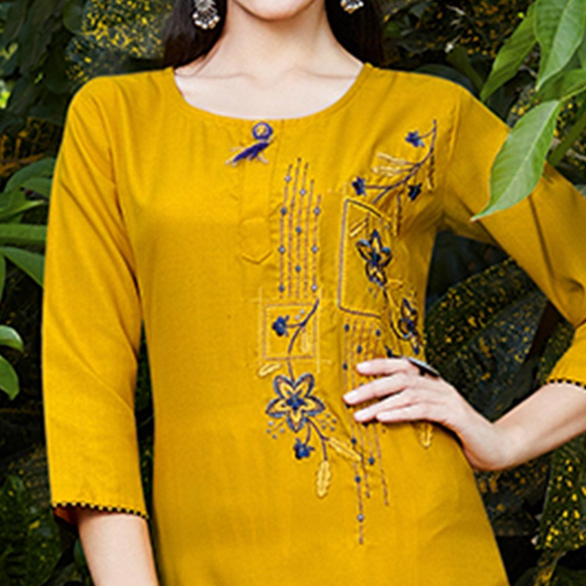 Adorable Yellow Colored Casual Wear Embroidered Cotton Sulb Kurti - Peachmode