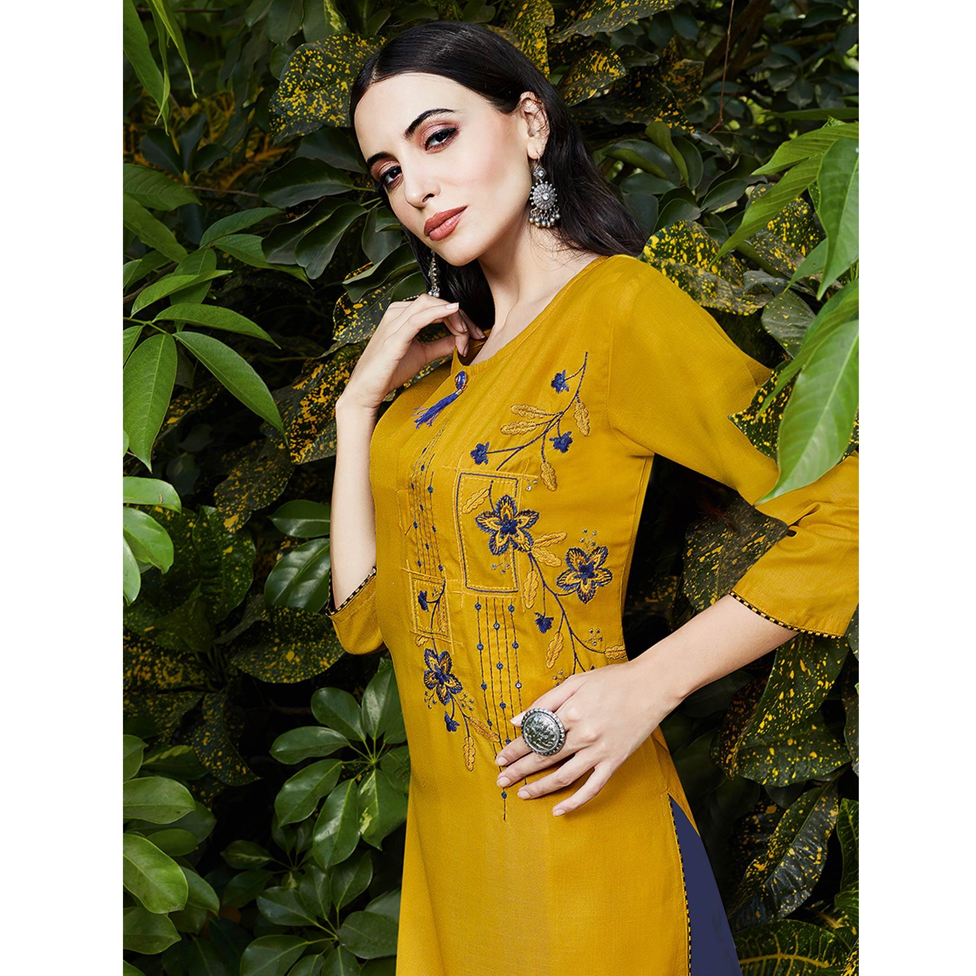 Adorable Yellow Colored Casual Wear Embroidered Cotton Sulb Kurti - Peachmode