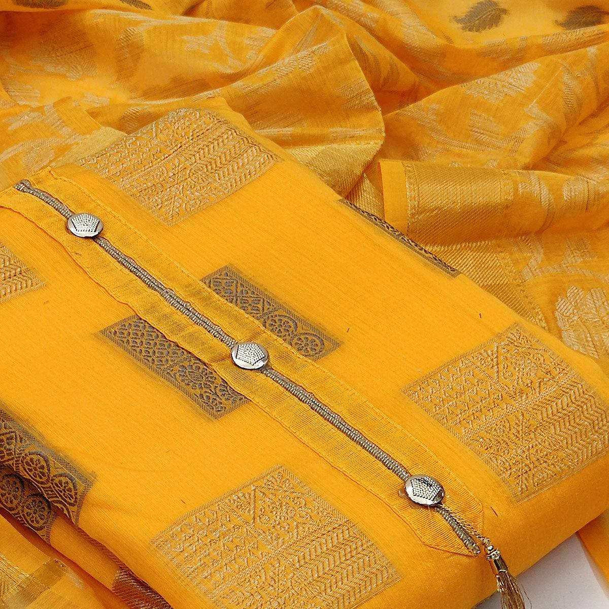 Adorable Yellow Colored Casual Wear Woven Banarasi Jacquard Dress Material - Peachmode