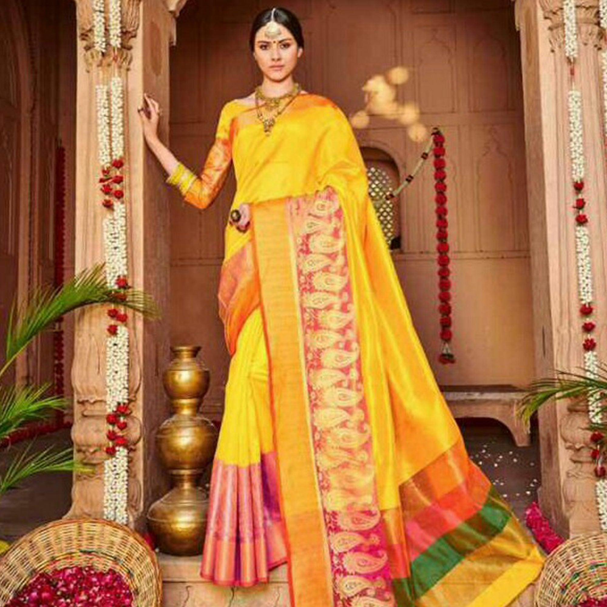 Adorable Yellow Colored Festive Wear Woven Art Silk Saree - Peachmode
