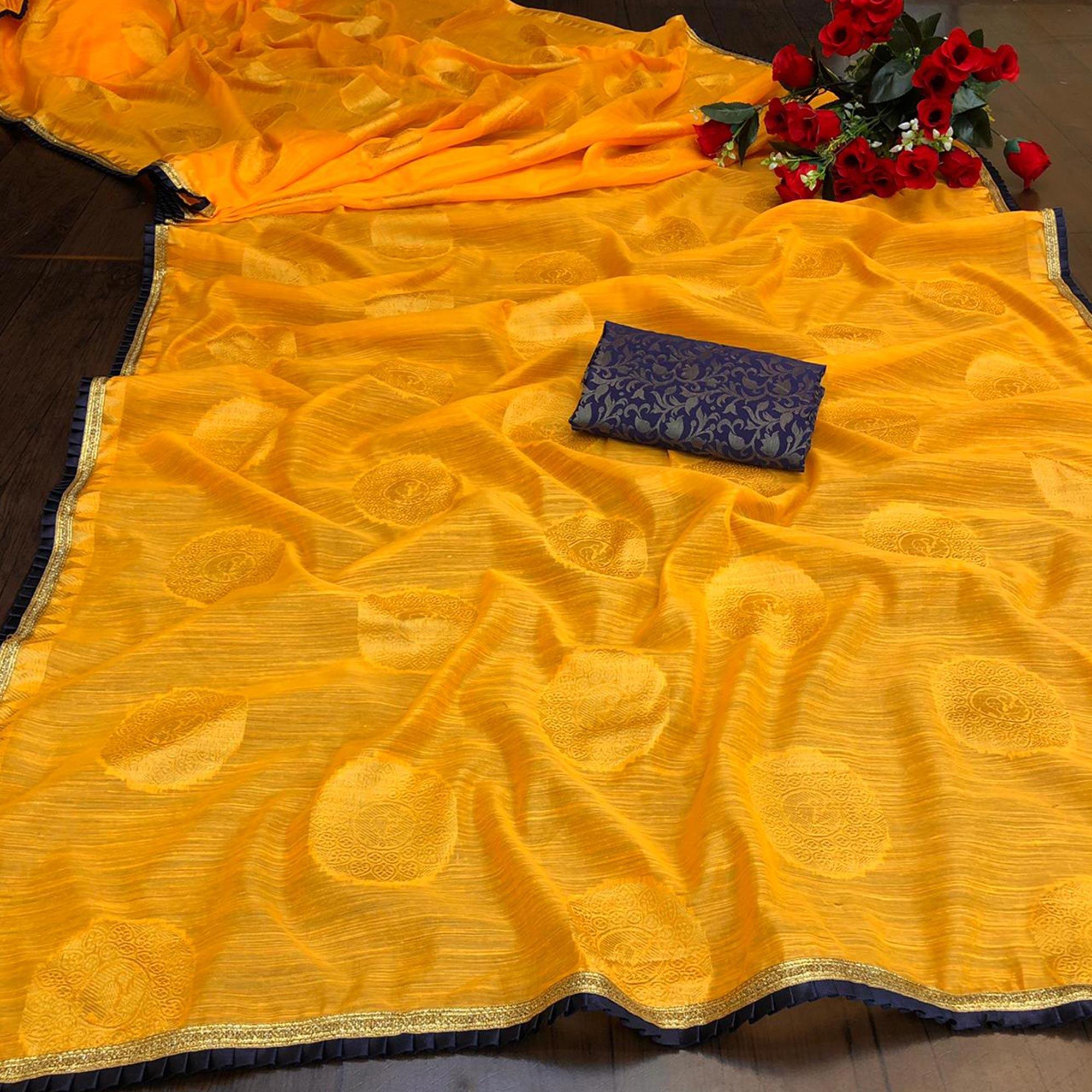Adorable Yellow Colored Festive Wear Woven Cotton Saree - Peachmode