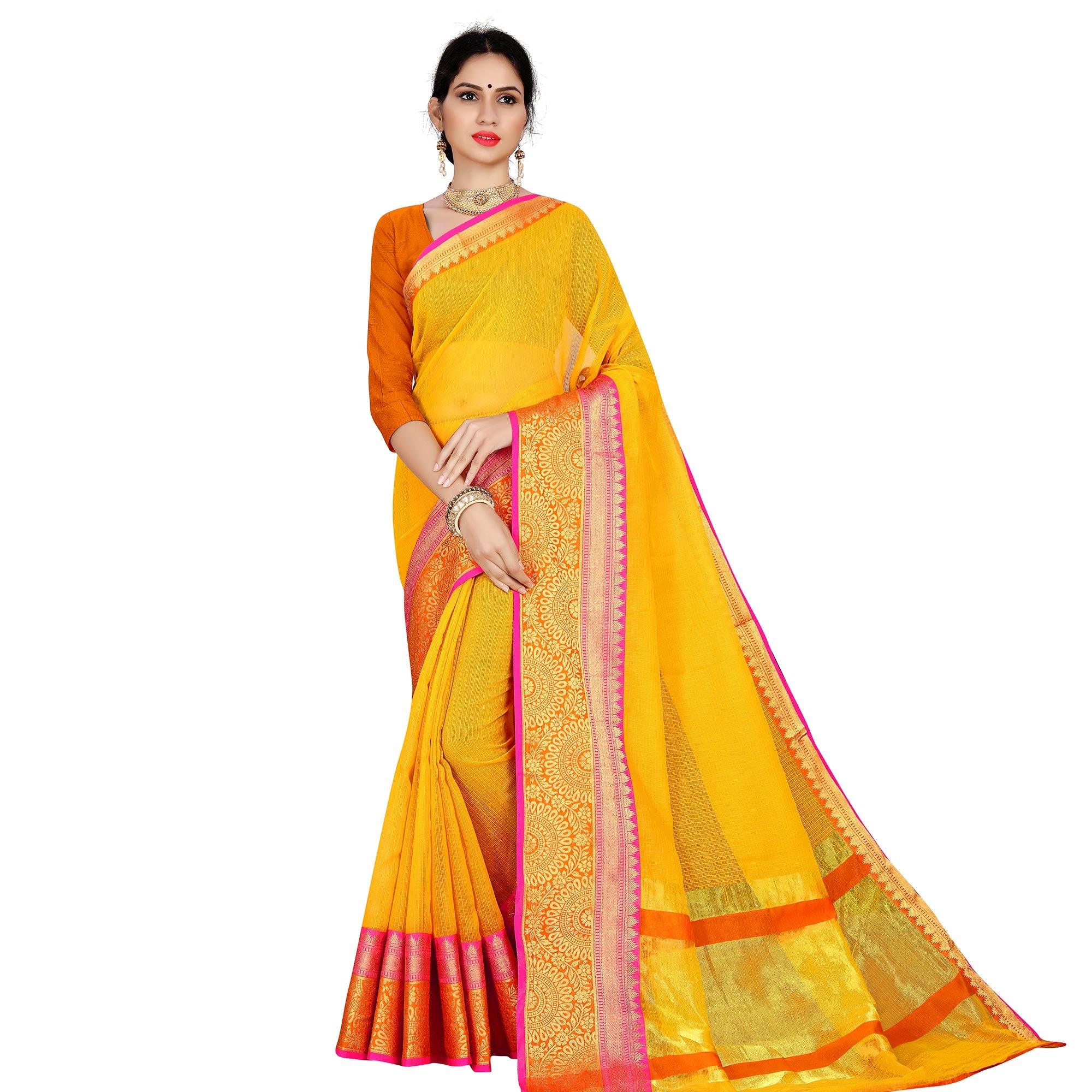 Adorable Yellow Colored Festive Wear Woven Silk Saree - Peachmode