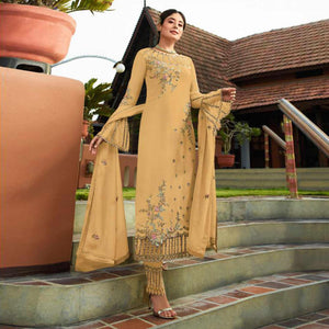 Adorable Yellow Colored Party Wear Embroidered Georgette Kashmiri Pant Style Suit - Peachmode