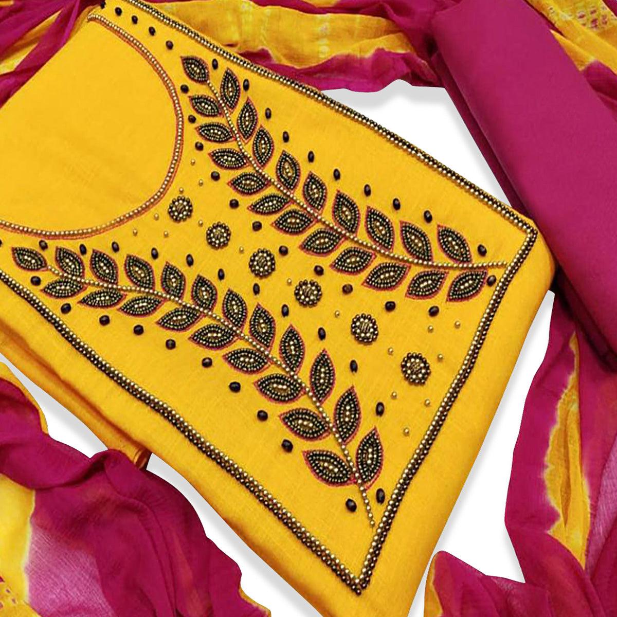 Adorable Yellow Colored Party Wear Embroidered Modal Dress Material - Peachmode