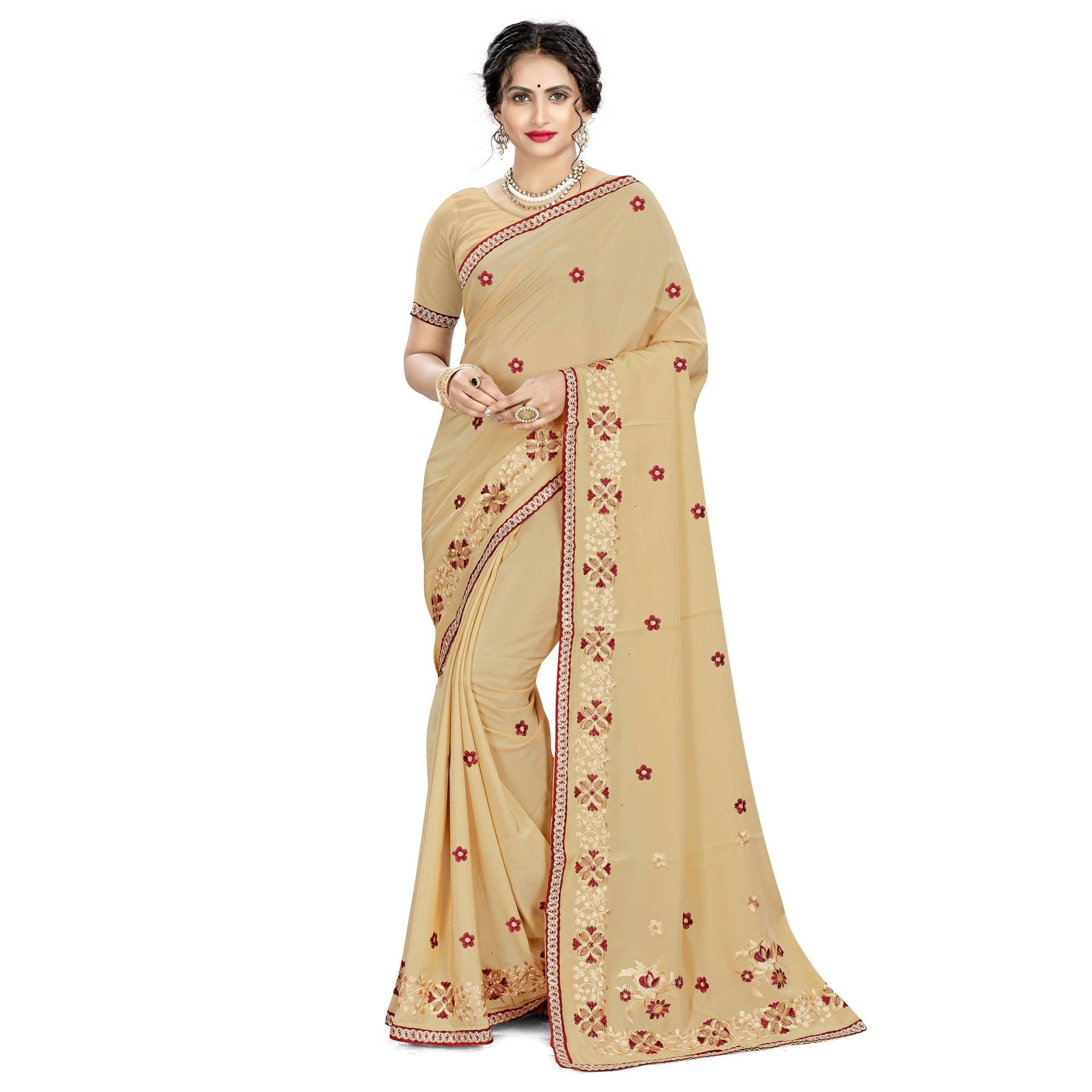 Adorning Beige Colored Casual Wear Embroidered Crepe Saree - Peachmode