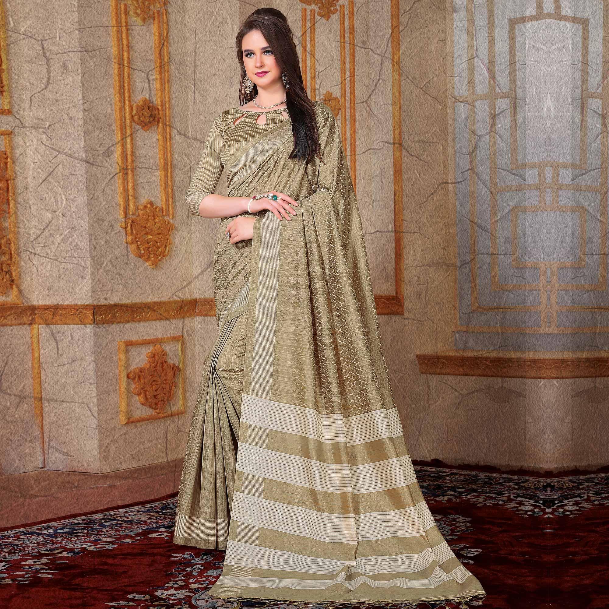 Adorning Beige Colored Festive Wear Printed Bhagalpuri Silk Saree - Peachmode