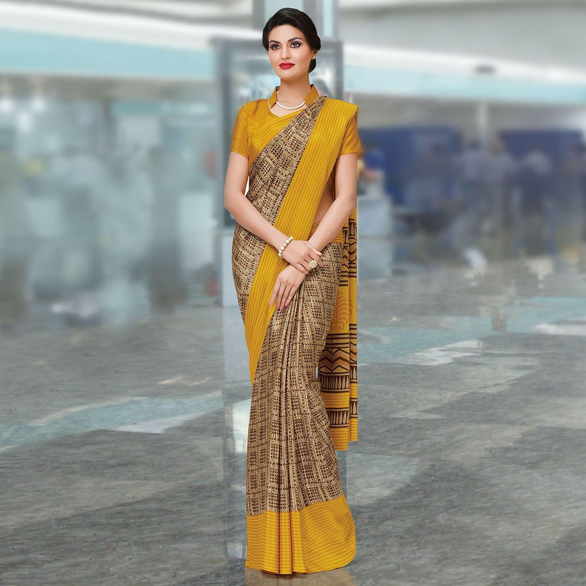 Adorning Beige-Yellow Colored Casual Wear Printed Crepe Saree - Peachmode