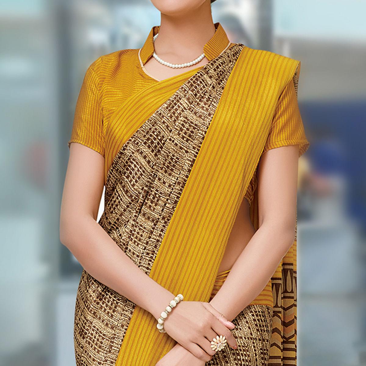 Adorning Beige-Yellow Colored Casual Wear Printed Crepe Saree - Peachmode