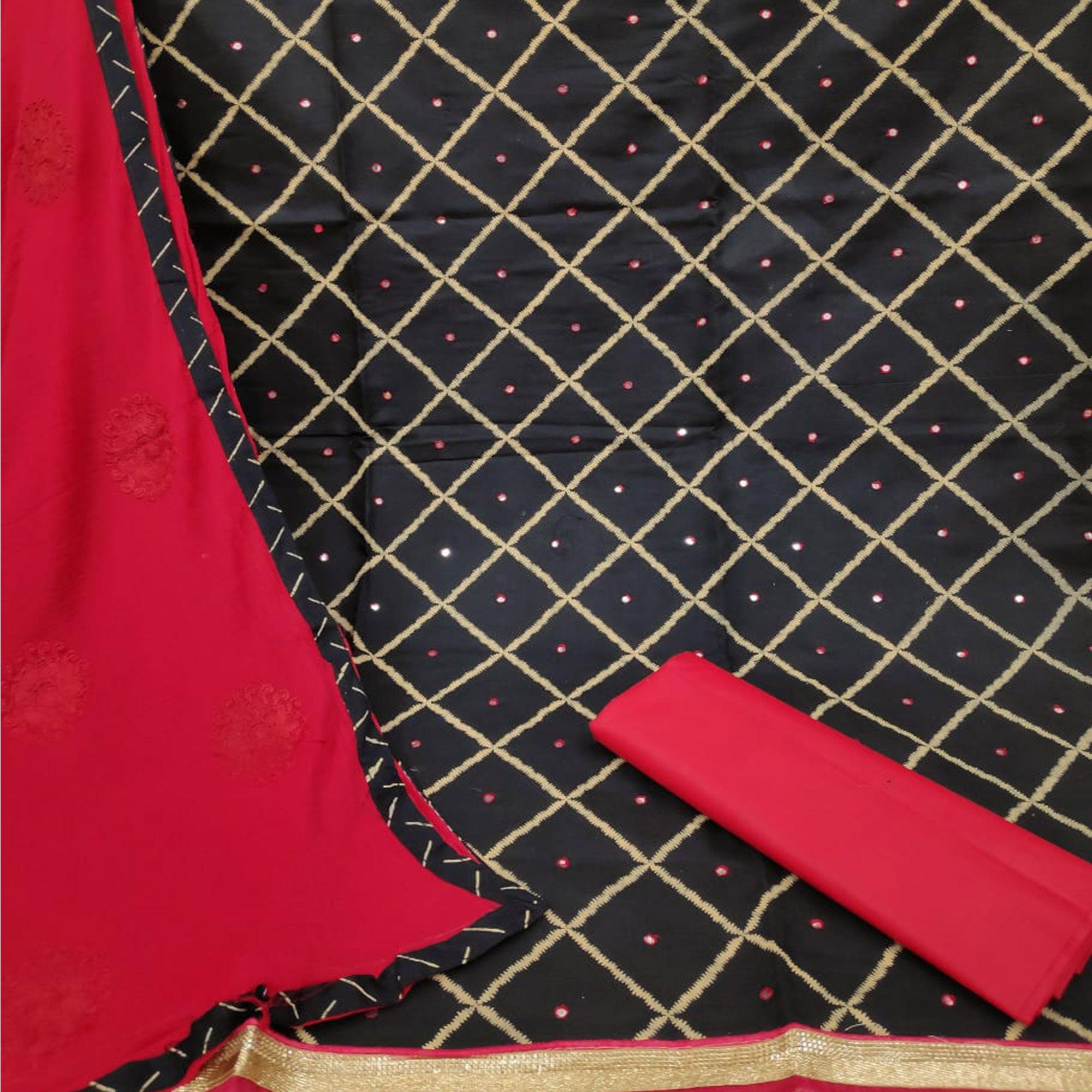 Adorning Black-Red Colored Casual Wear Printed Cotton Dress Material - Peachmode