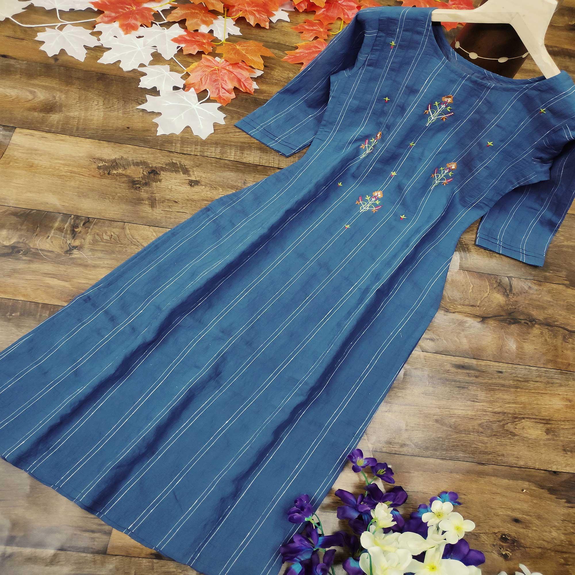 Adorning Blue Colored Party Wear Embroidered Cotton Kurti - Peachmode