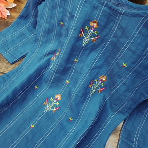 Adorning Blue Colored Party Wear Embroidered Cotton Kurti - Peachmode