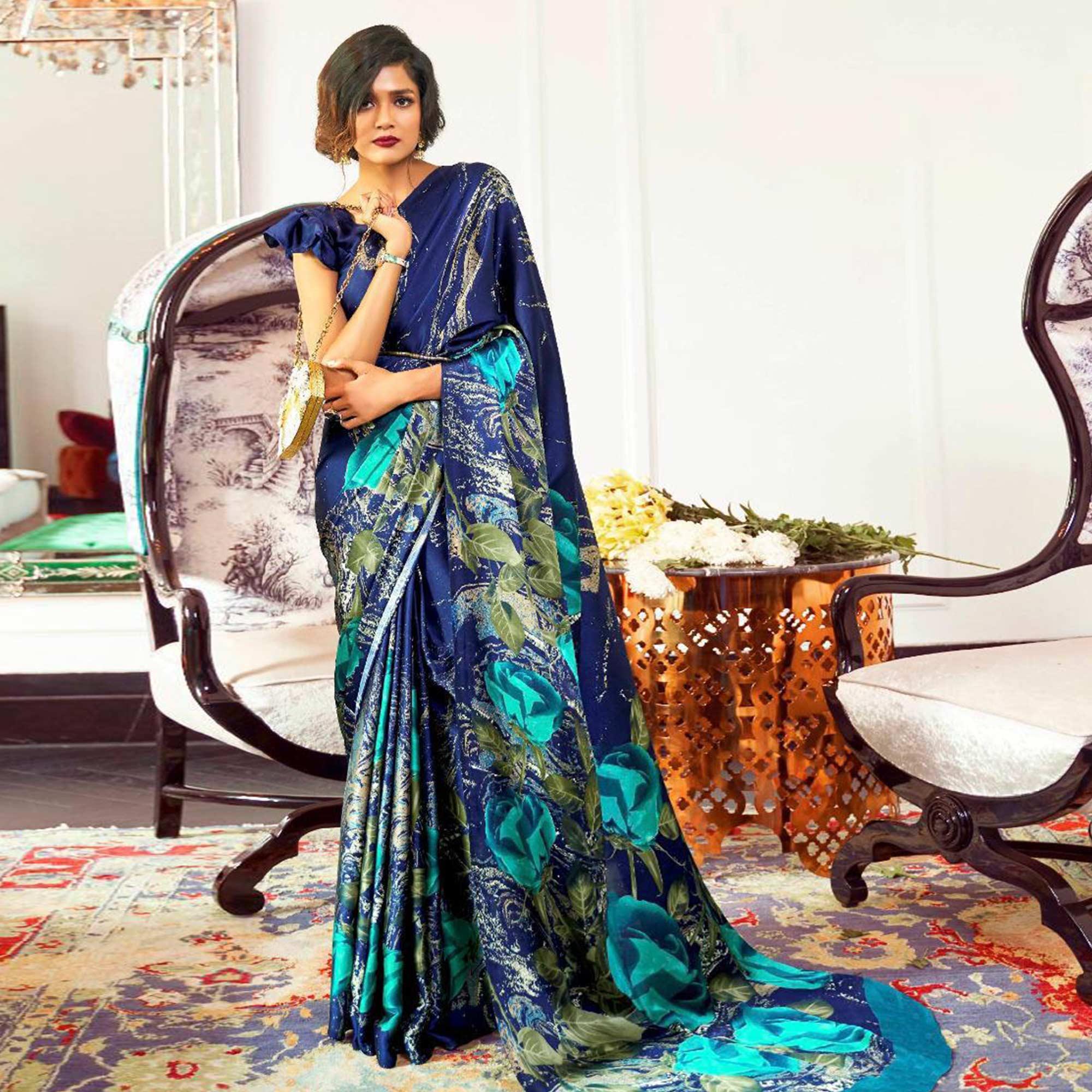Adorning Blue Colored Partywear Rose Printed Japan Satin-Crepe Saree - Peachmode