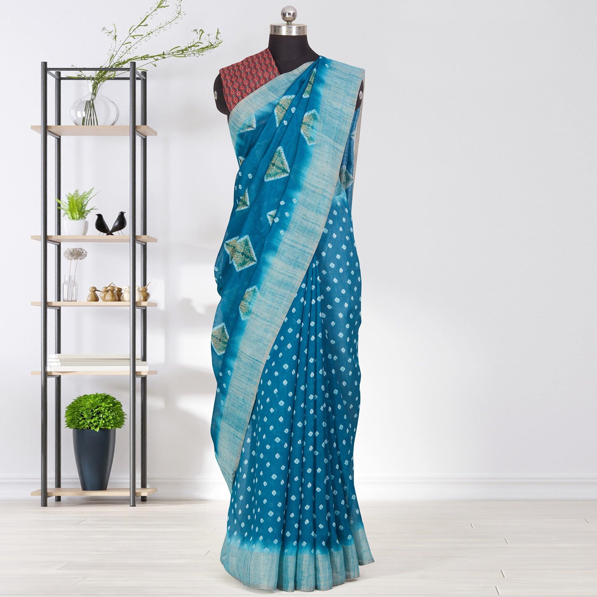 Adorning Blue Coloured Casual Wear Printed Linen Saree - Peachmode