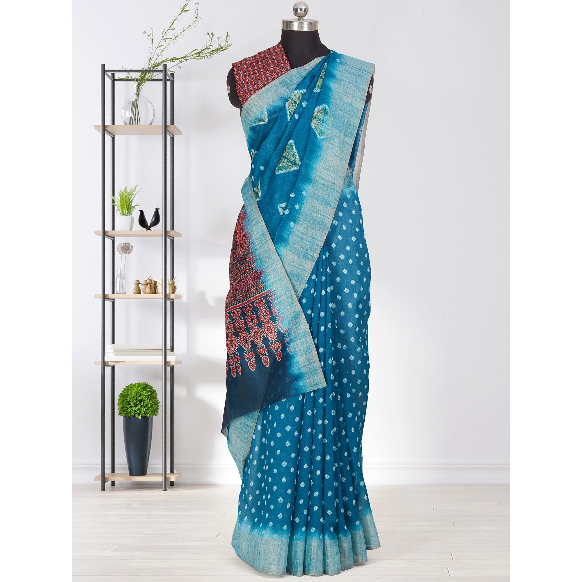 Adorning Blue Coloured Casual Wear Printed Linen Saree - Peachmode