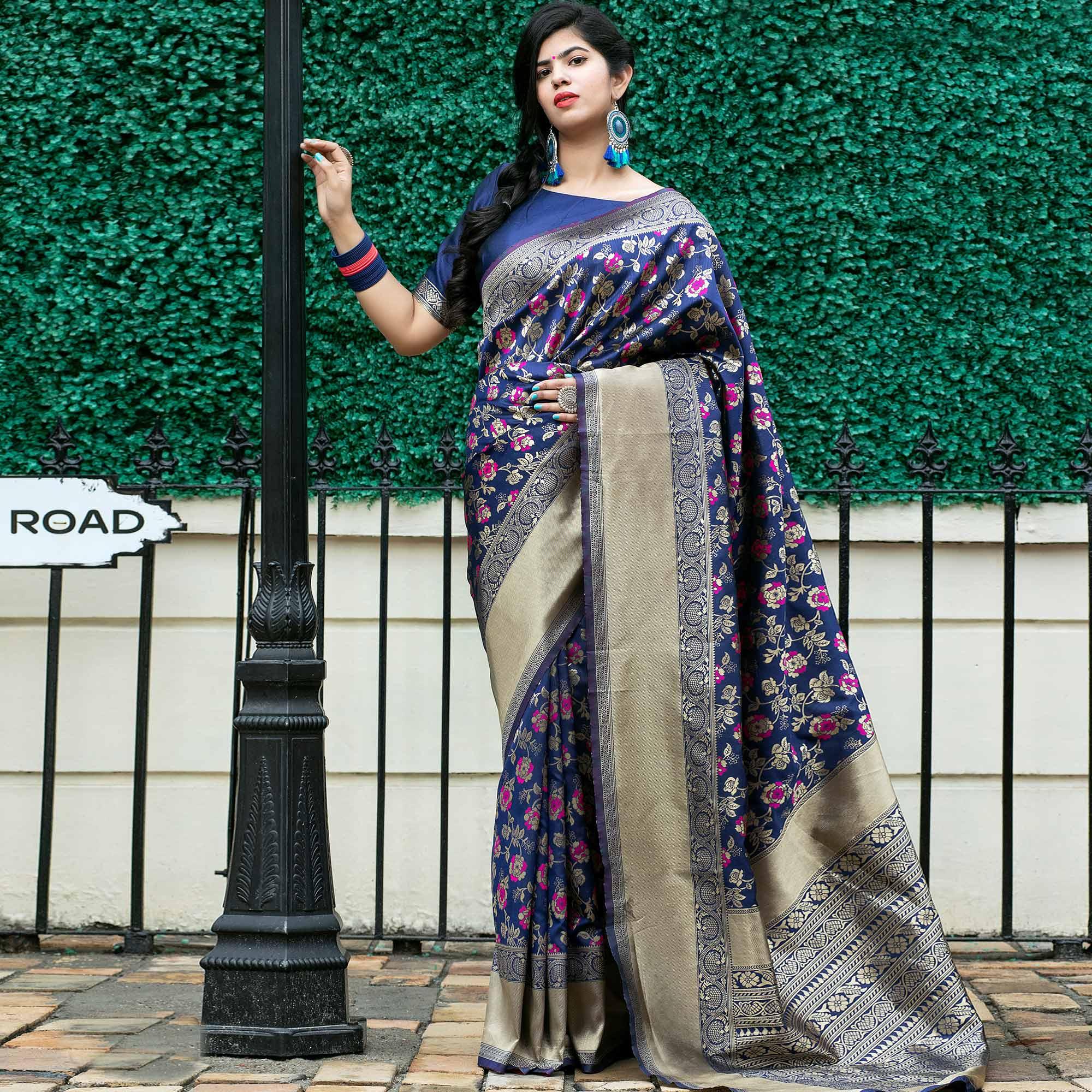 Adorning Blue Coloured Embroidered Partywear Banarasi Silk Saree - Peachmode