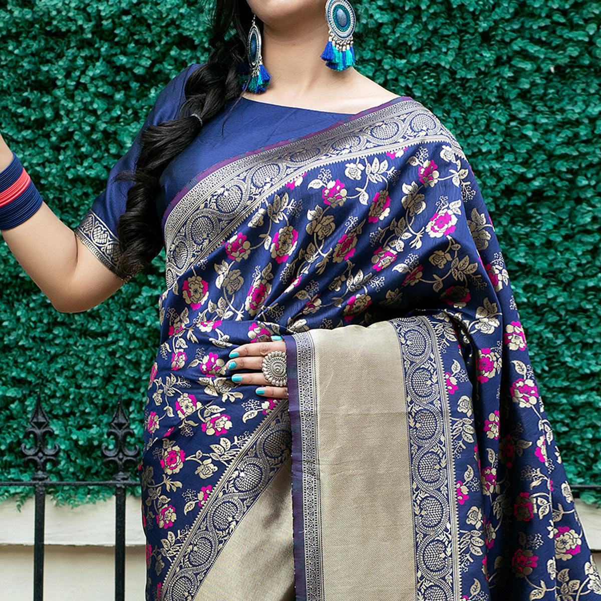 Adorning Blue Coloured Embroidered Partywear Banarasi Silk Saree - Peachmode