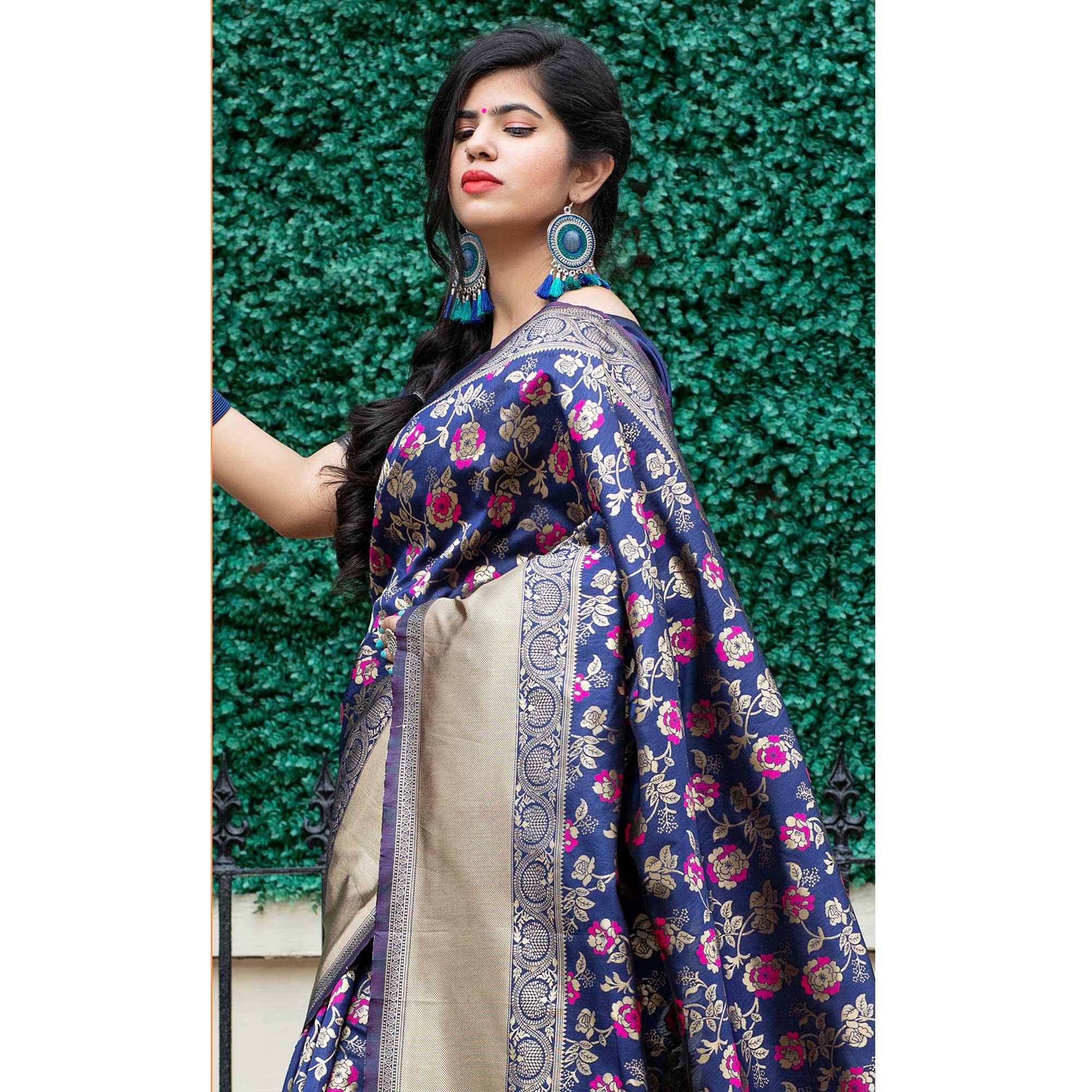 Adorning Blue Coloured Embroidered Partywear Banarasi Silk Saree - Peachmode