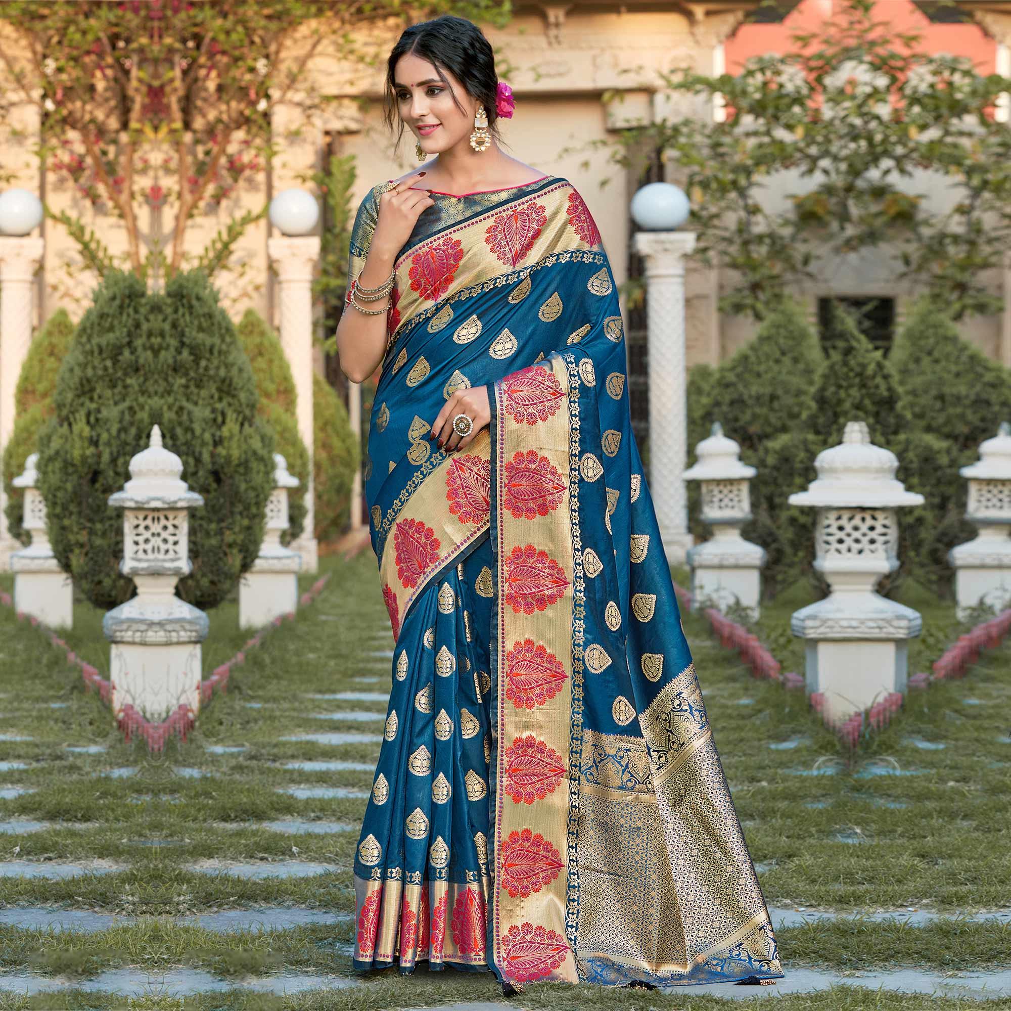 Adorning Blue Coloured Partywear Woven Silk Saree - Peachmode