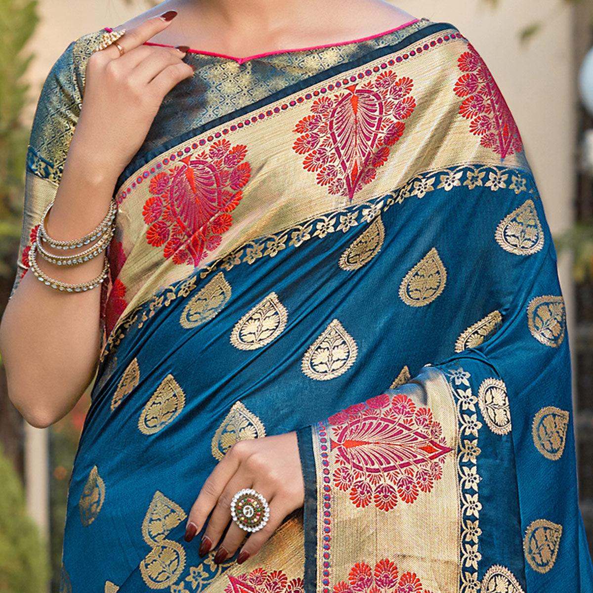 Adorning Blue Coloured Partywear Woven Silk Saree - Peachmode