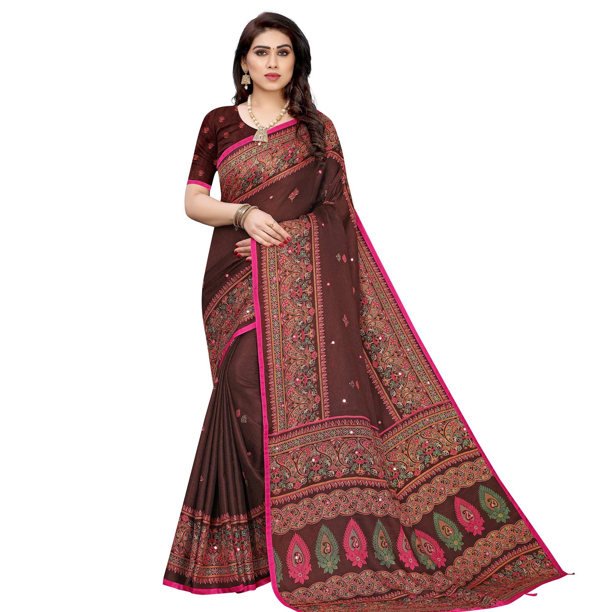 Adorning Brown Colored Festive Wear Woven Linen Silk Saree - Peachmode