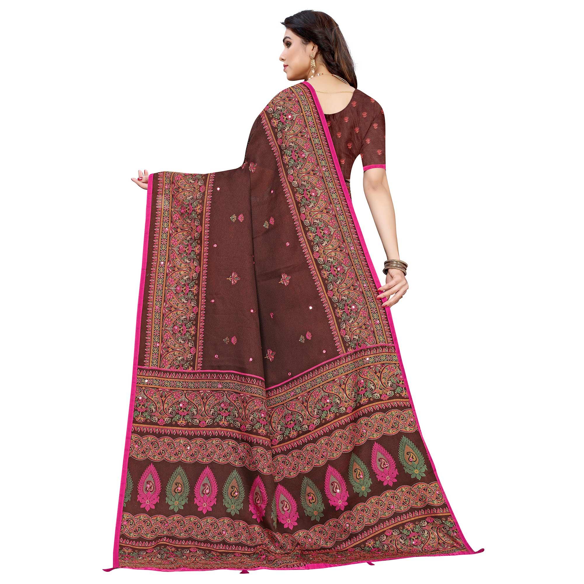 Adorning Brown Colored Festive Wear Woven Linen Silk Saree - Peachmode