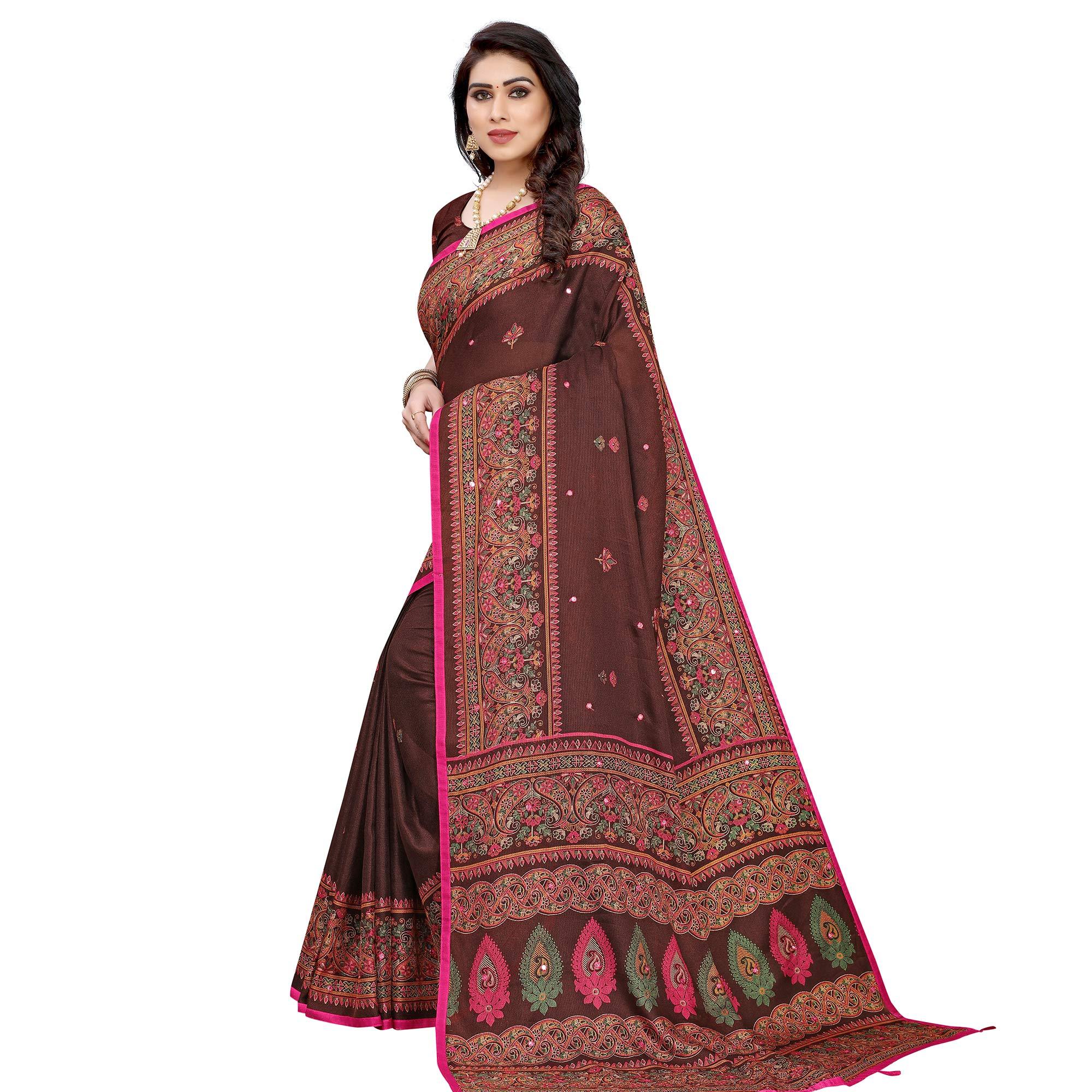 Adorning Brown Colored Festive Wear Woven Linen Silk Saree - Peachmode