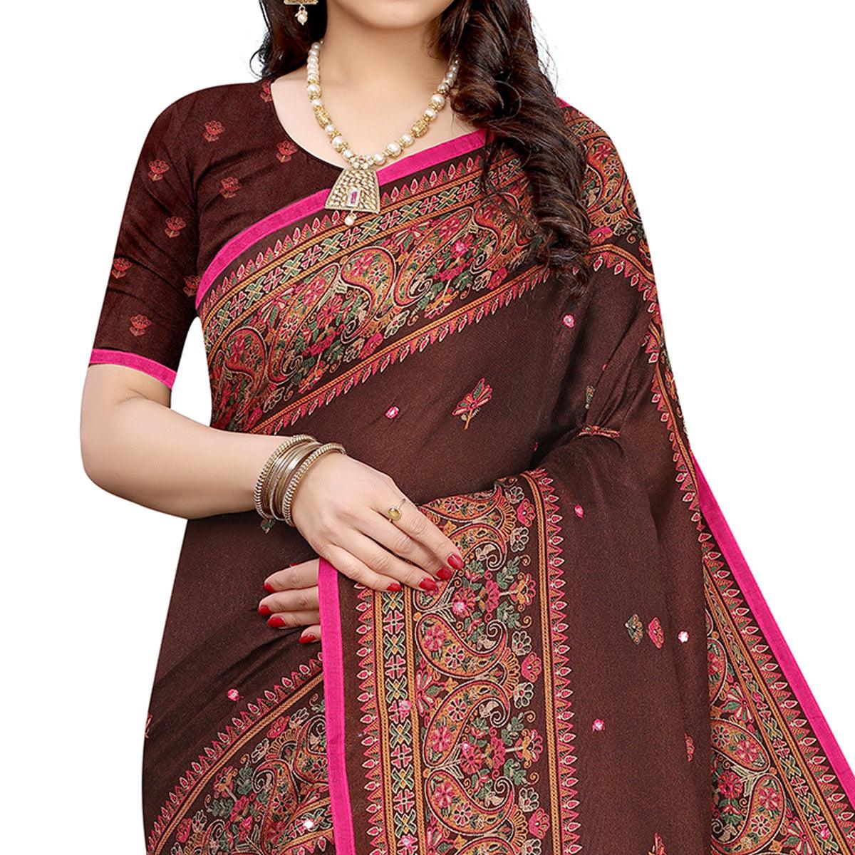 Adorning Brown Colored Festive Wear Woven Linen Silk Saree - Peachmode