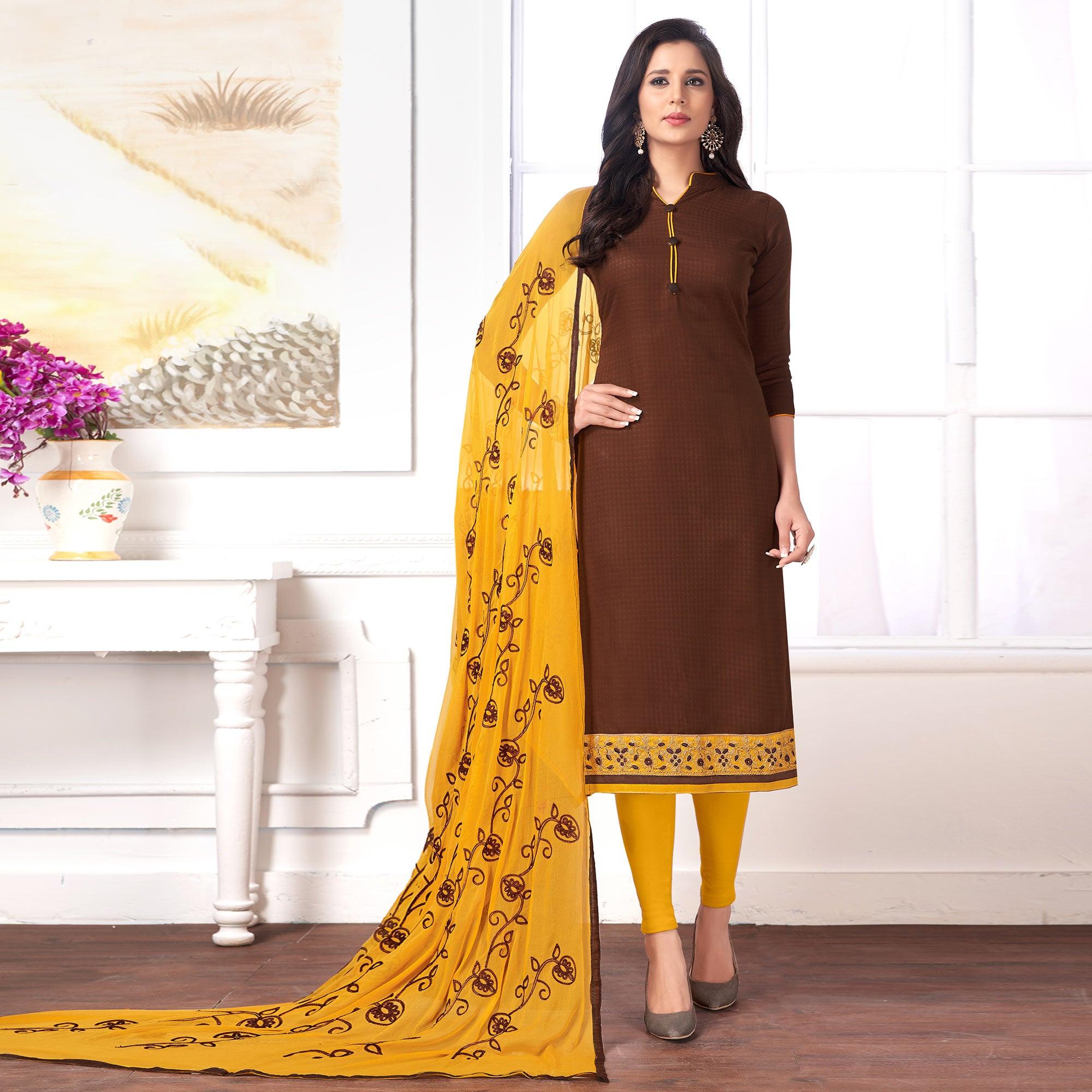 Adorning Brown Colored Partywear Embroidered Cotton Suit - Peachmode
