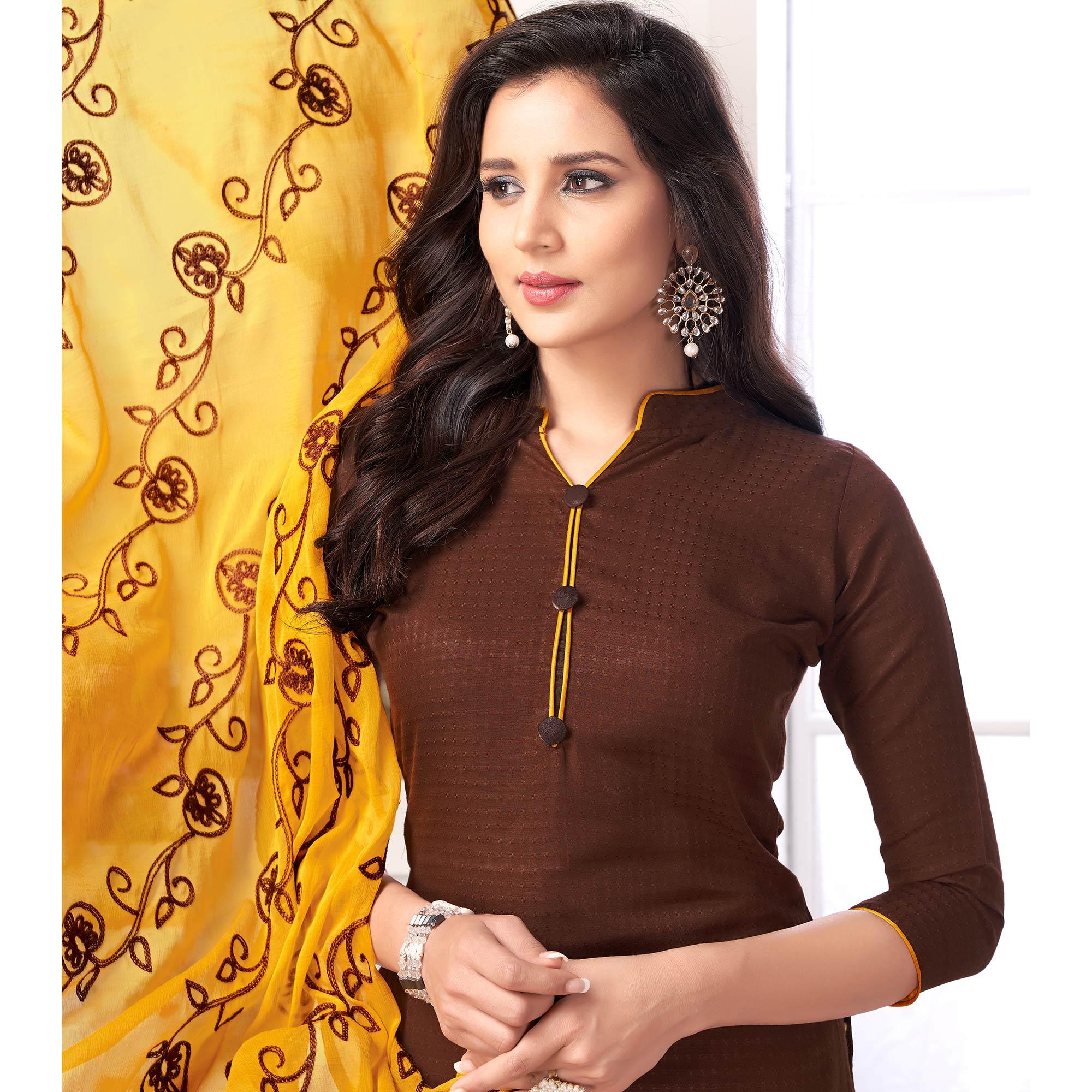 Adorning Brown Colored Partywear Embroidered Cotton Suit - Peachmode
