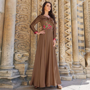 Adorning Brown Colored Partywear Embroidered Silk Satin Gown - Peachmode